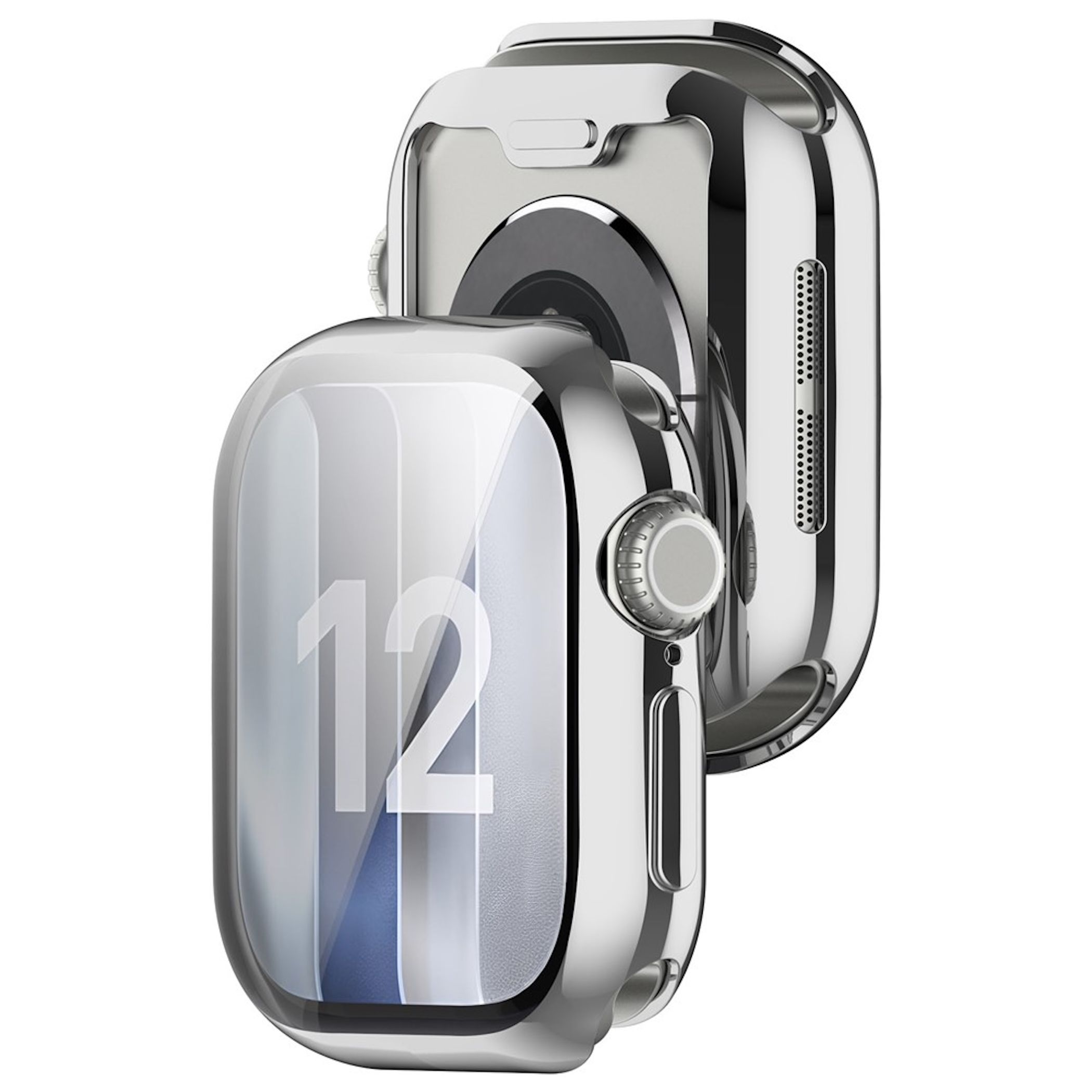 Glänzende silberne Smartwatch mit Schutzhülle und Zifferblatt.