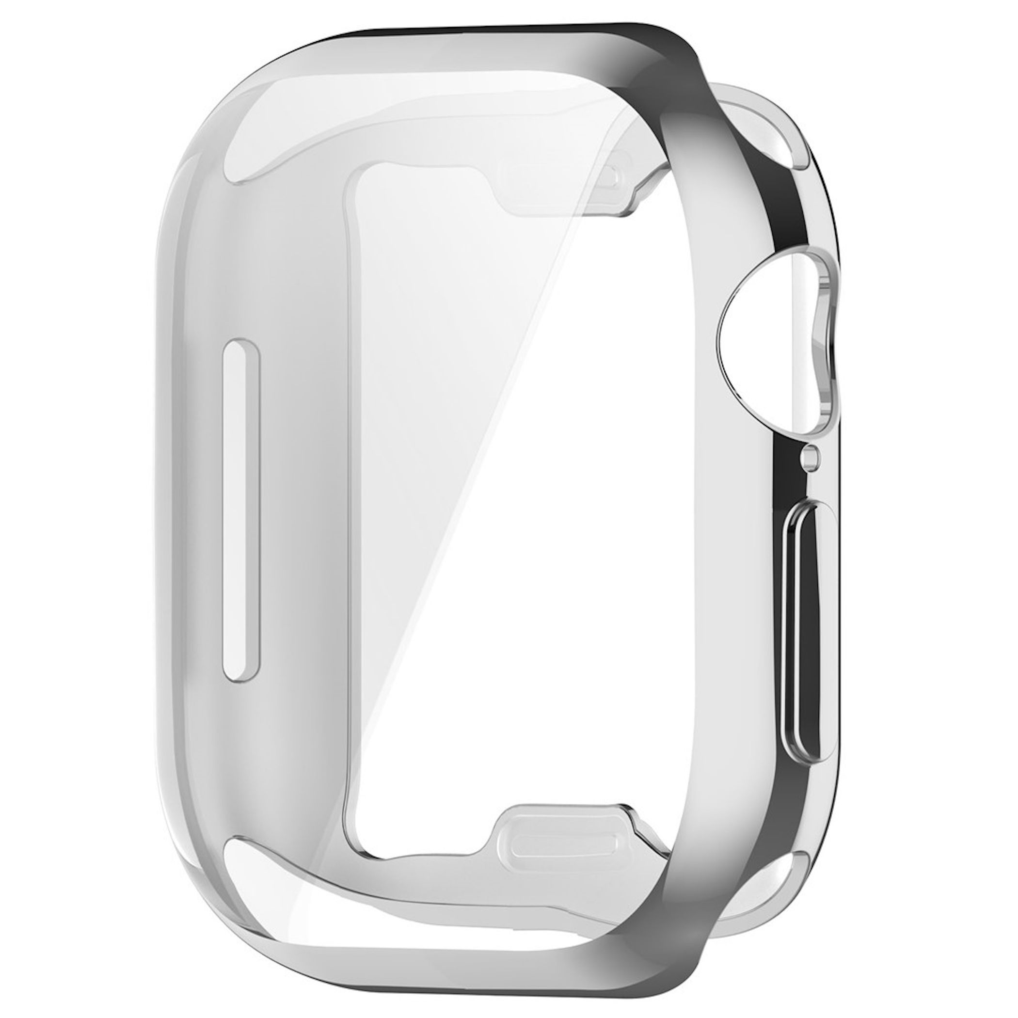 Eine glänzende, transparente Schutzhülle für eine Smartwatch mit präzisen Ausschnitten auf weißem Hintergrund.