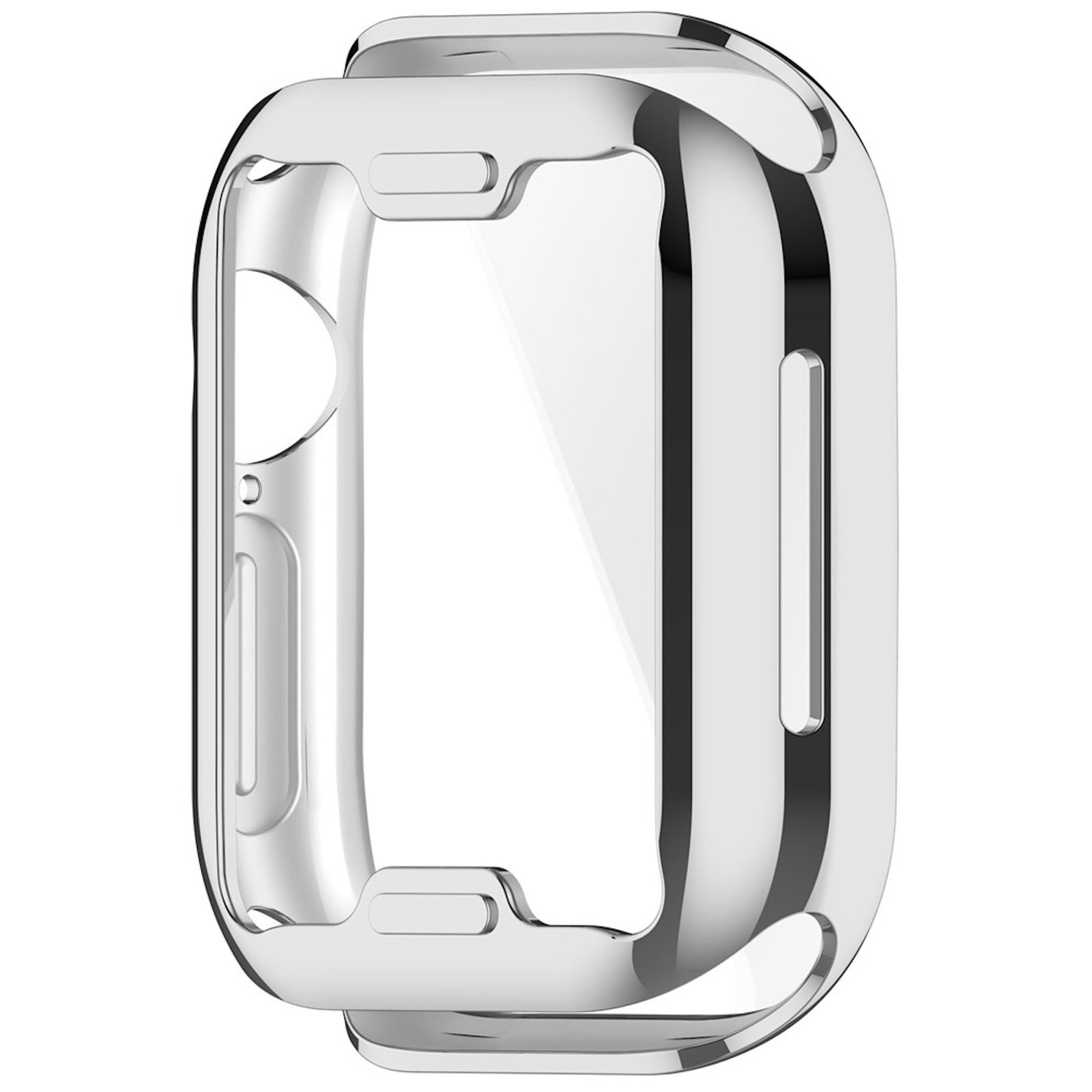 Glänzendes, silbernes Smartwatch-Gehäuse mit Aussparungen für Tasten und Anschlüsse auf weißem Hintergrund.