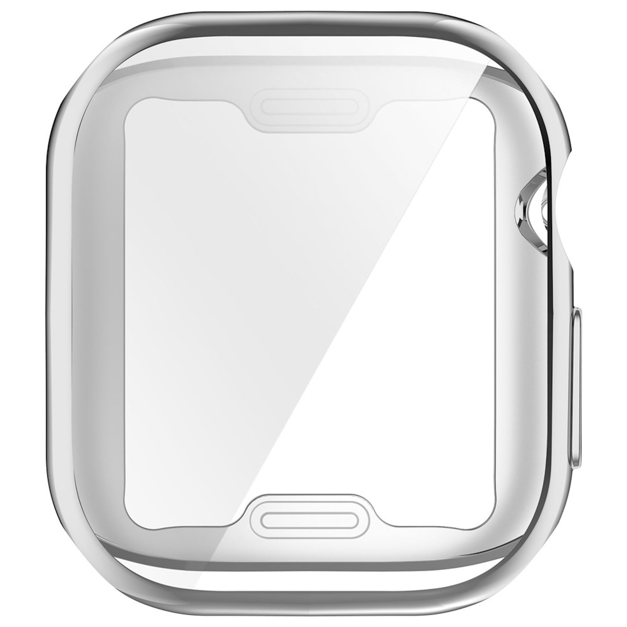 Eine transparente Schutzhülle für eine Smartwatch mit klarem Display und Silberrahmen.