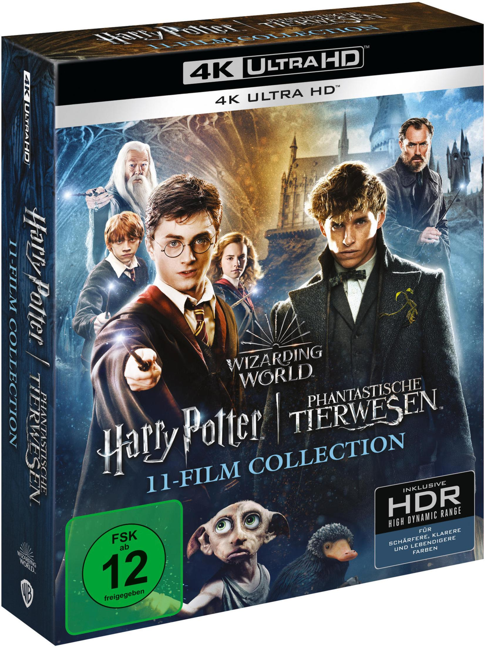 Cover der Harry Potter und Phantastische Tierwesen 11-Film Collection auf 4K Ultra HD mit Charakteren.