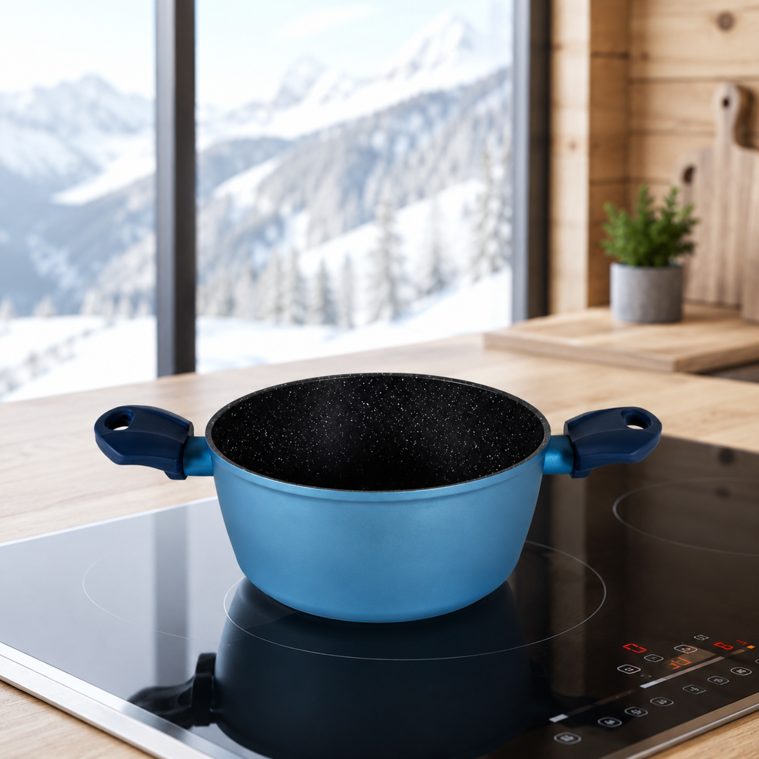 Una pentola blu si trova su un piano cottura a induzione nero con vista sulle montagne innevate.