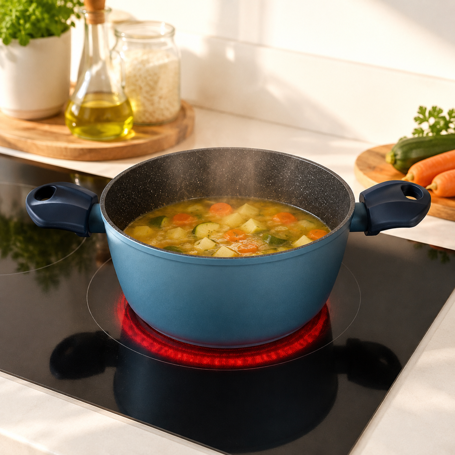 Una pentola blu con zuppa di verdure cuoce su un fornello rosso in cucina.