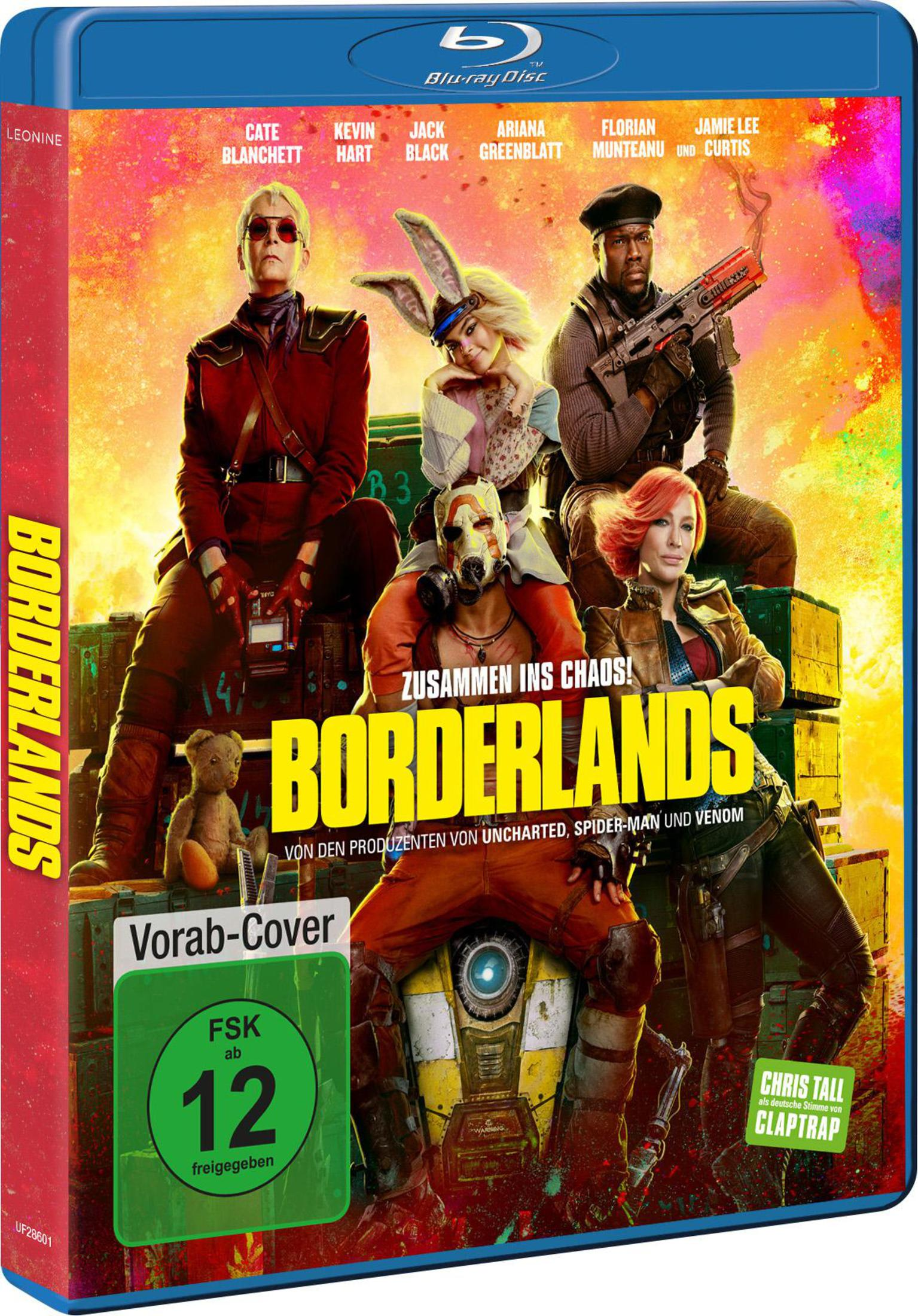Borderlands Blu-ray-Cover mit sechs Charakteren und gelber Aufschrift vor explosionartigem Hintergrund.