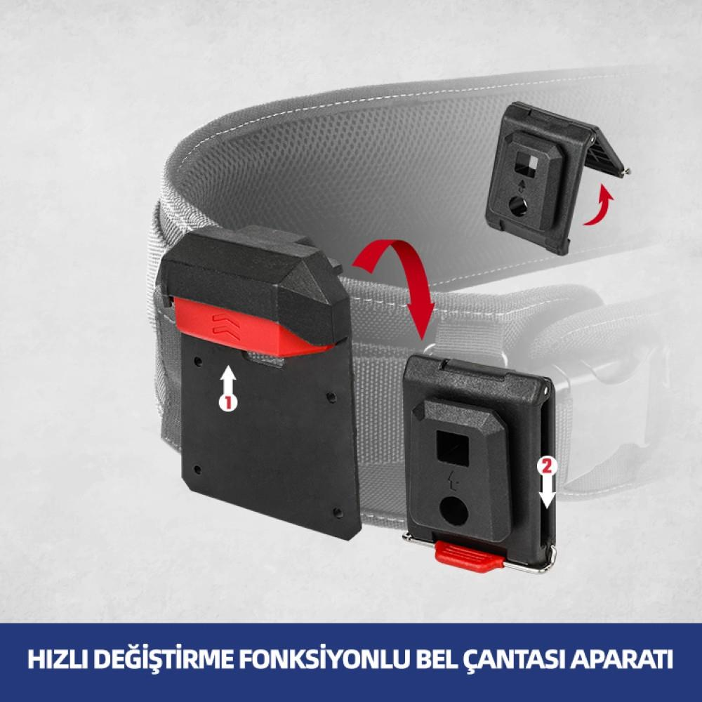 Kırmızı oklarla adımları gösterilen hızlı çıkarma mekanizmalı alet kemeri aksesuarının yakın çekimi.