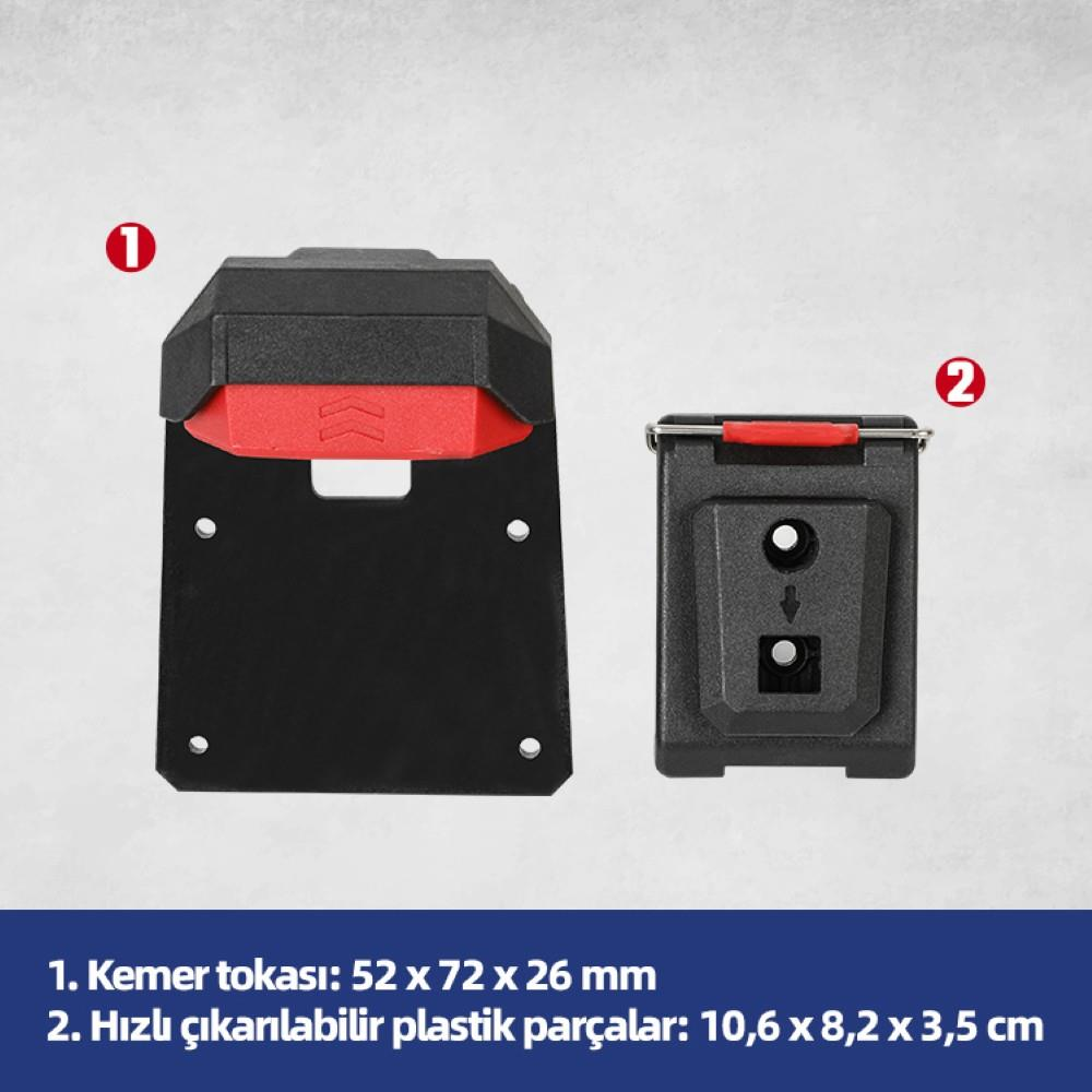 Altta kırmızı detaylı ve ölçülü iki siyah plastik parça.