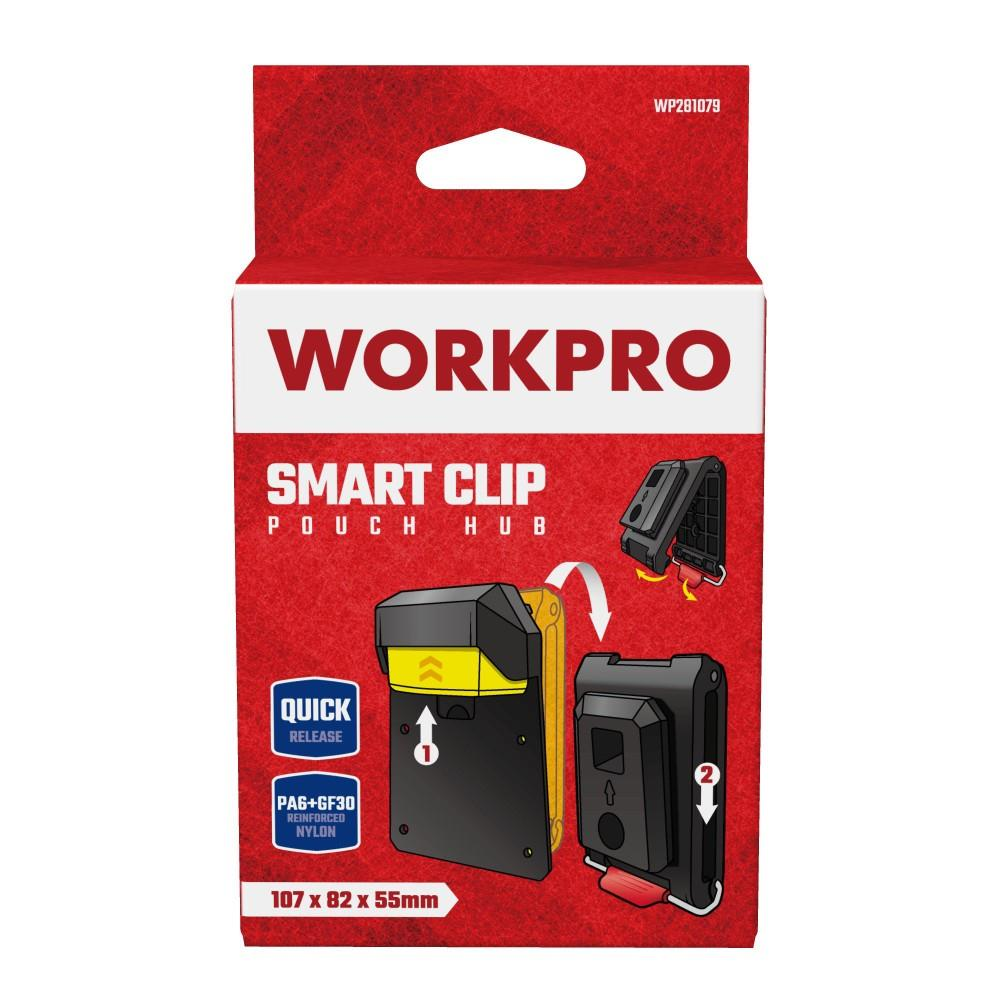 Workpro Smart Clip Pouch Hub için kırmızı ve beyaz ambalaj, klips mekanizmasını gösteriyor.
