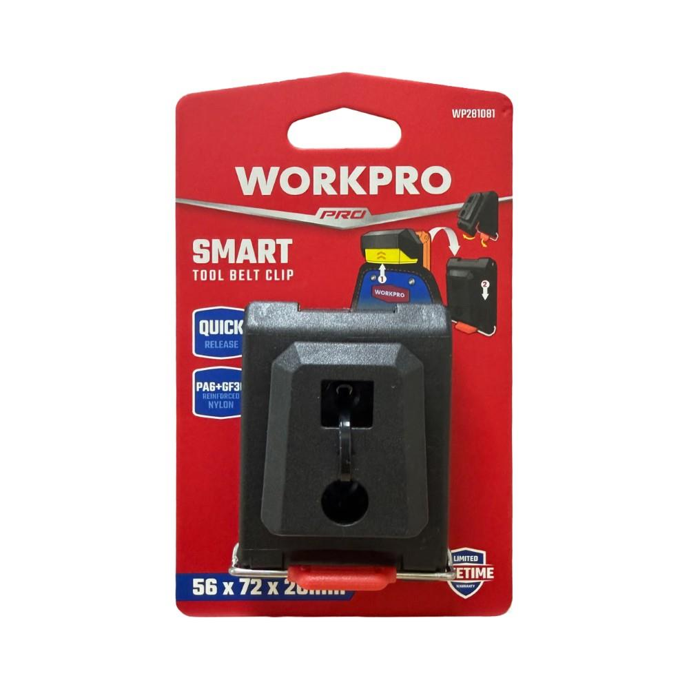 Kırmızı arka planlı ve ortada siyah klipsli Workpro akıllı alet kemer klipsi ambalajı.
