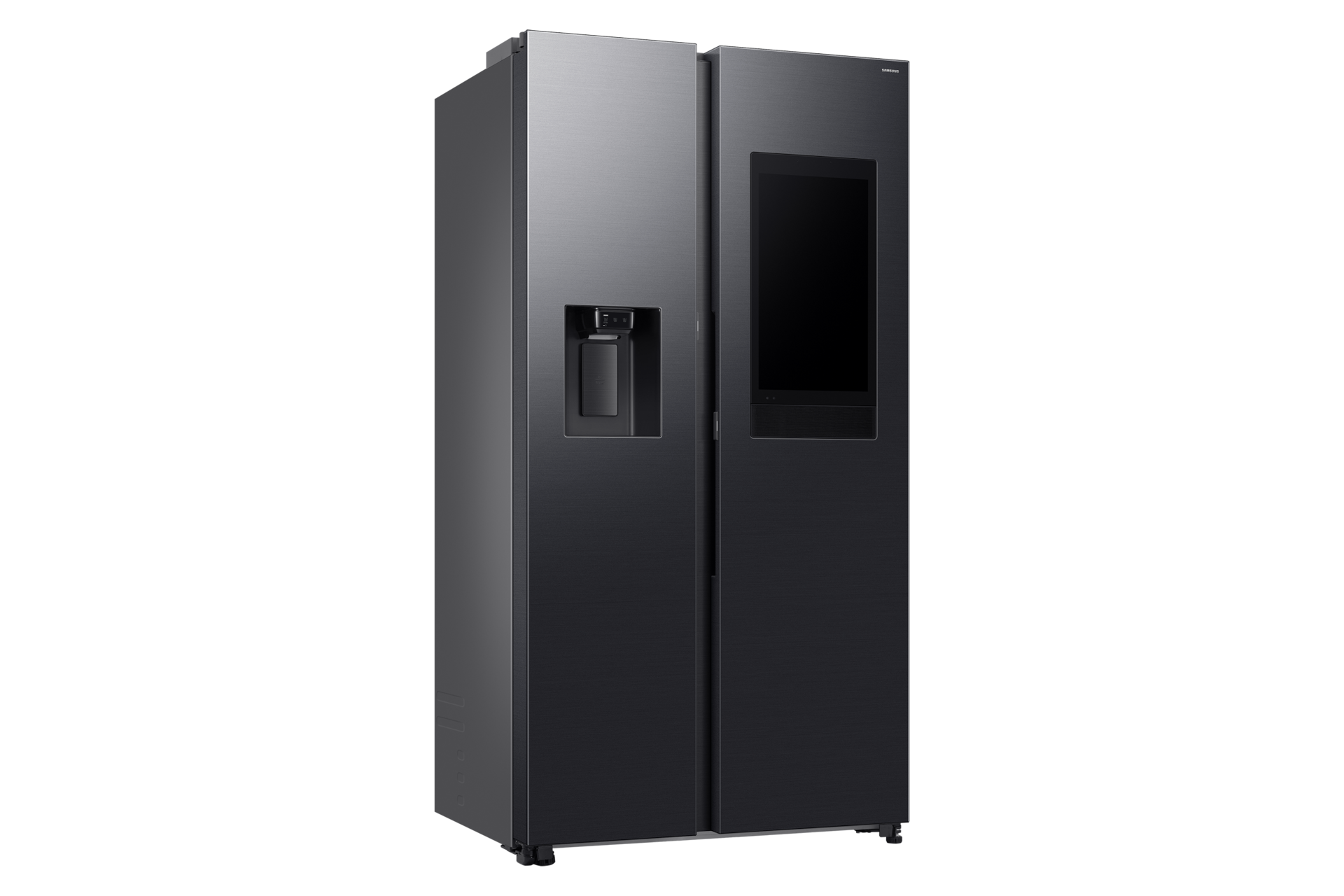 Moderne schwarze Edelstahl-Kühl-Gefrier-Kombination mit Wasserdispenser und großem Touchscreen.