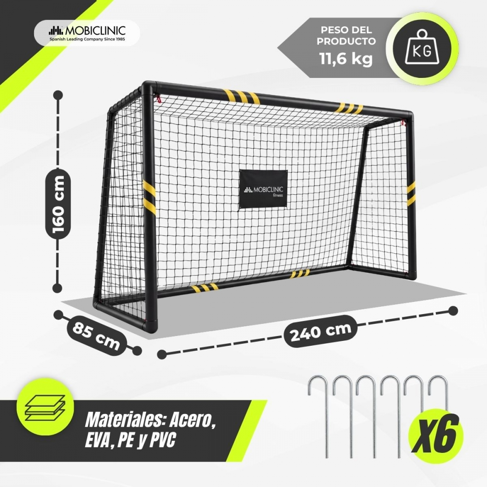Una porteria de futbol negra y amarilla de 160x240x85 cm, 11,6 kg y seis anclajes.