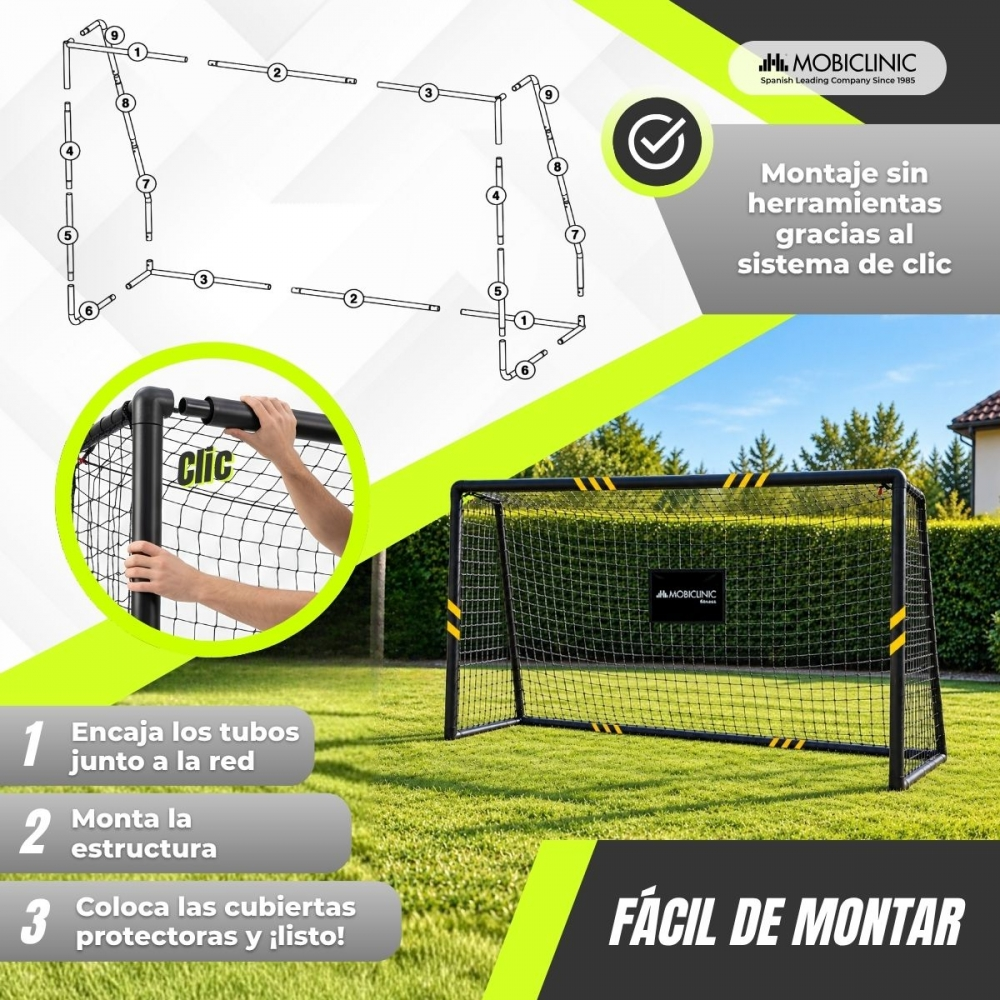 Un diagrama y foto que muestra una porteria de futbol negra portatil en cesped, destacando facil montaje.