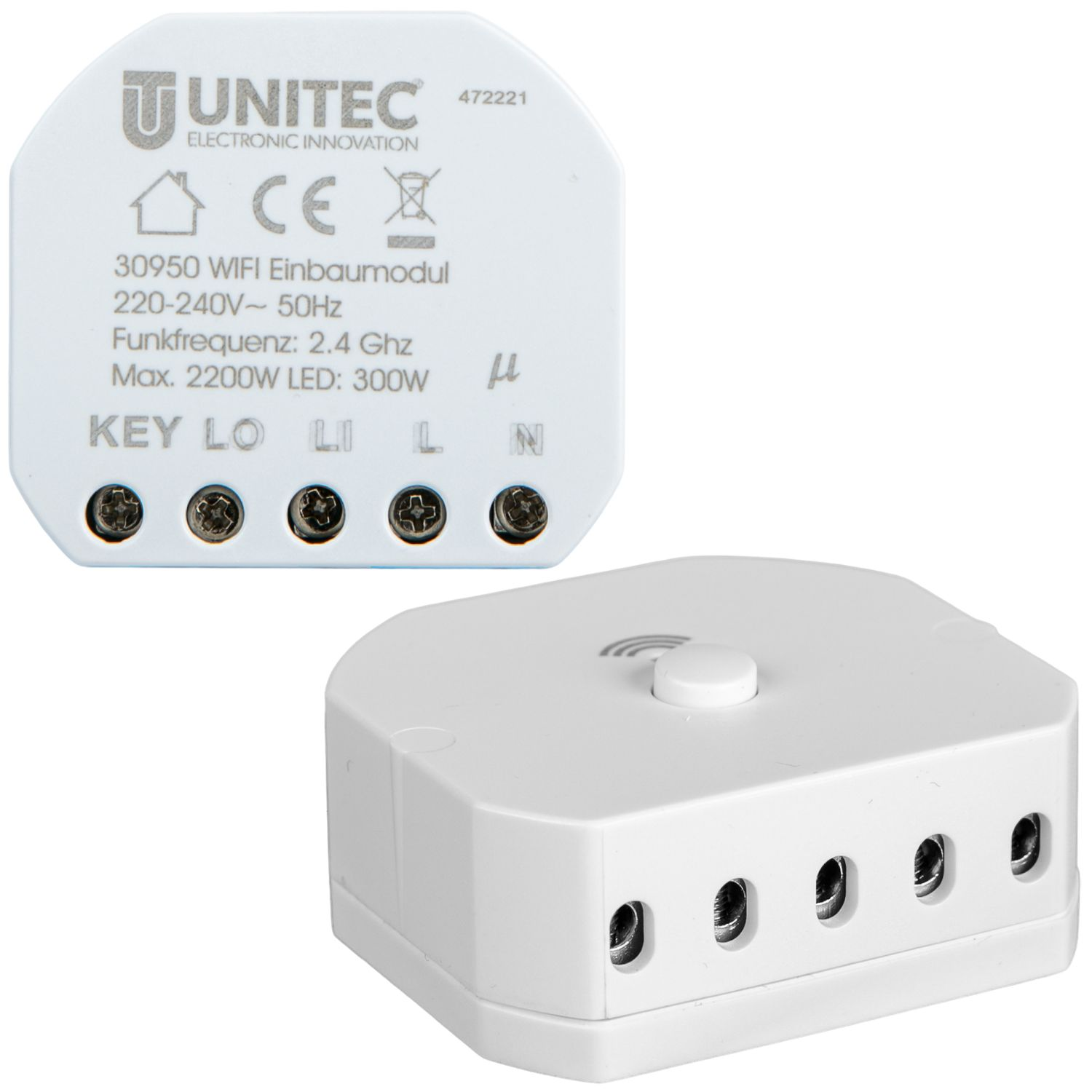 Weißes Unitec WLAN-Einbaulaufwerk mit fünf Schraubklemmen und oberem Taster.