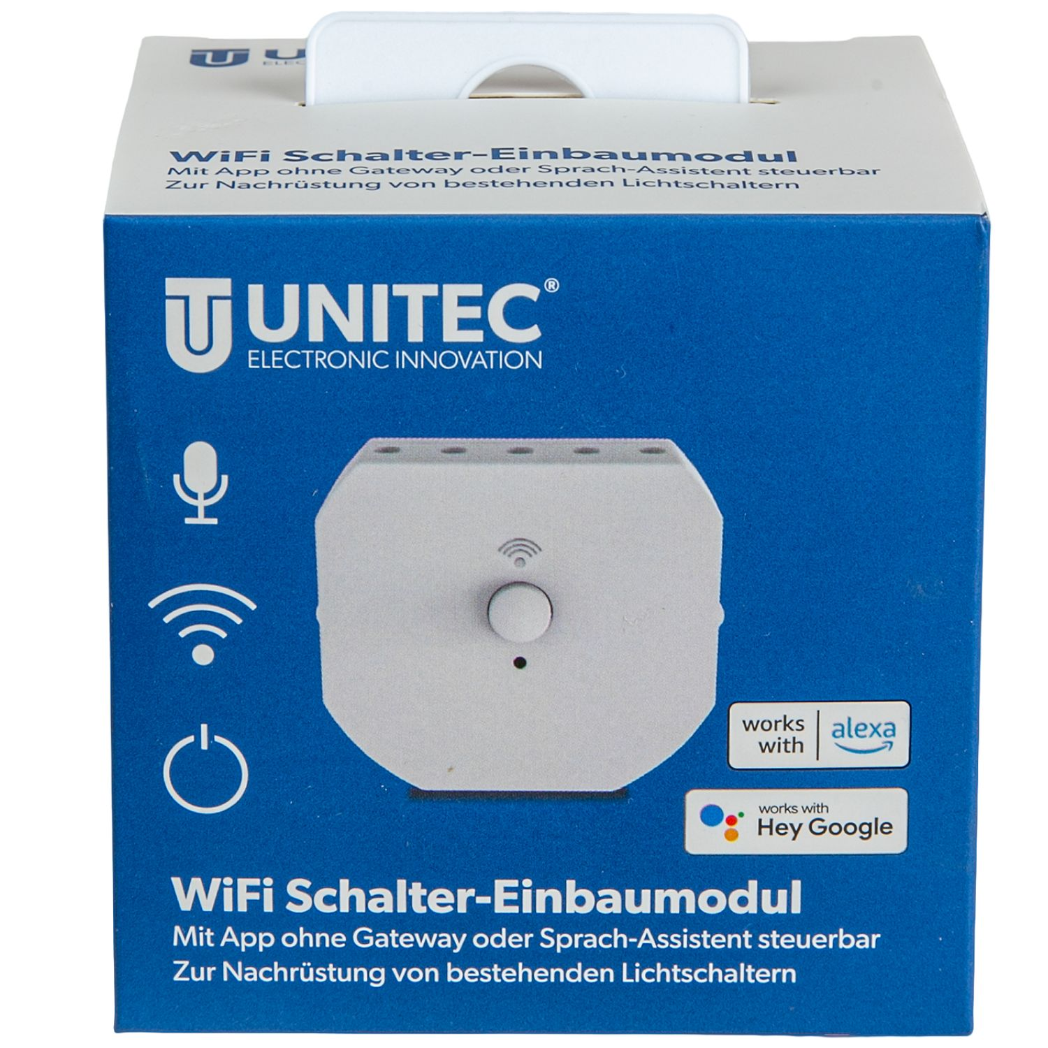 Blaue Produktverpackung eines Unitec WiFi-Schalter-Einbaumoduls mit Alexa- und Google-Home-Kompatibilität.