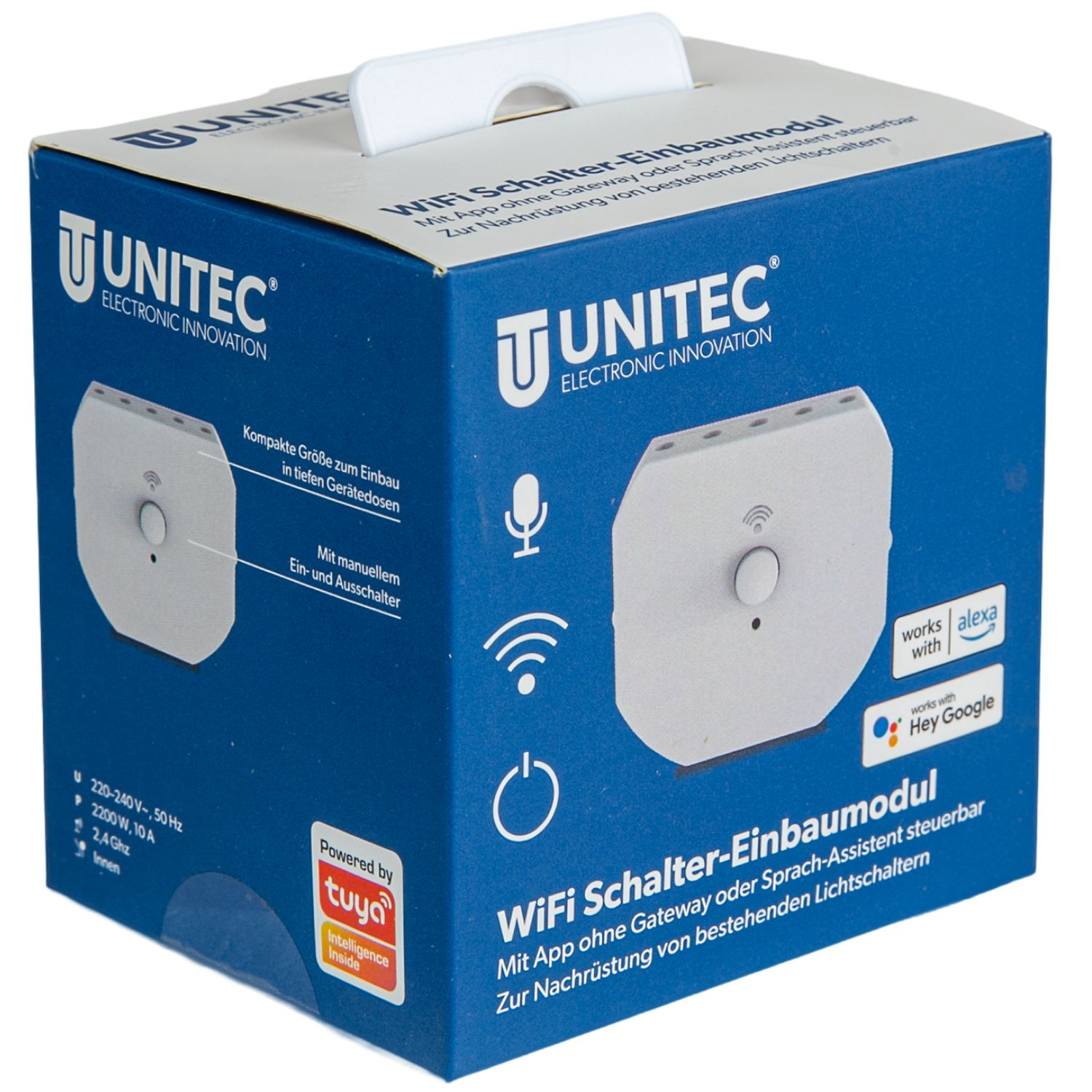 Blaue Verpackung für Unitec WiFi Schalter-Einbaumodul mit technischen Details und kompatiblen Logos.