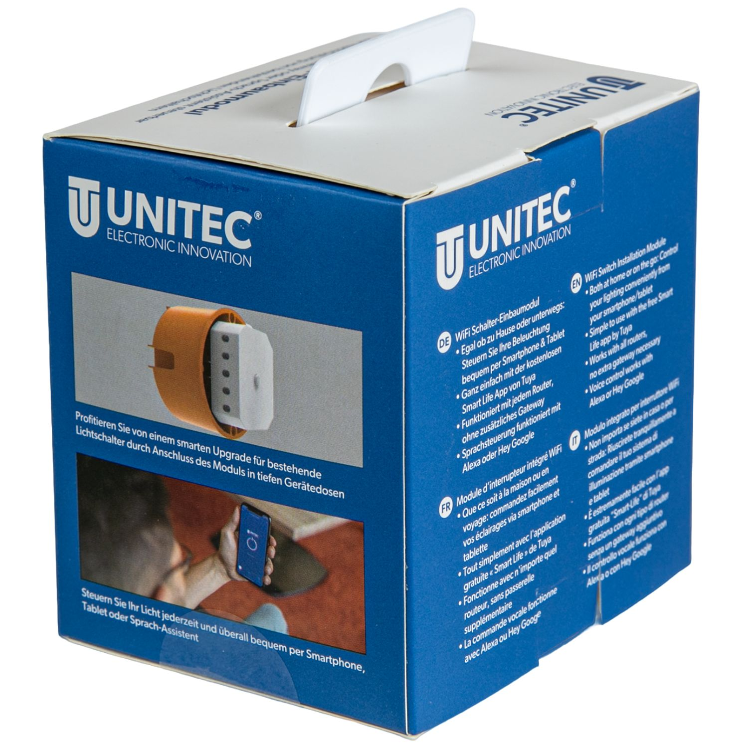 Blaue Unitec Produktverpackung mit Produktbildern und Beschreibungen auf Deutsch, Französisch, Englisch und Italienisch.