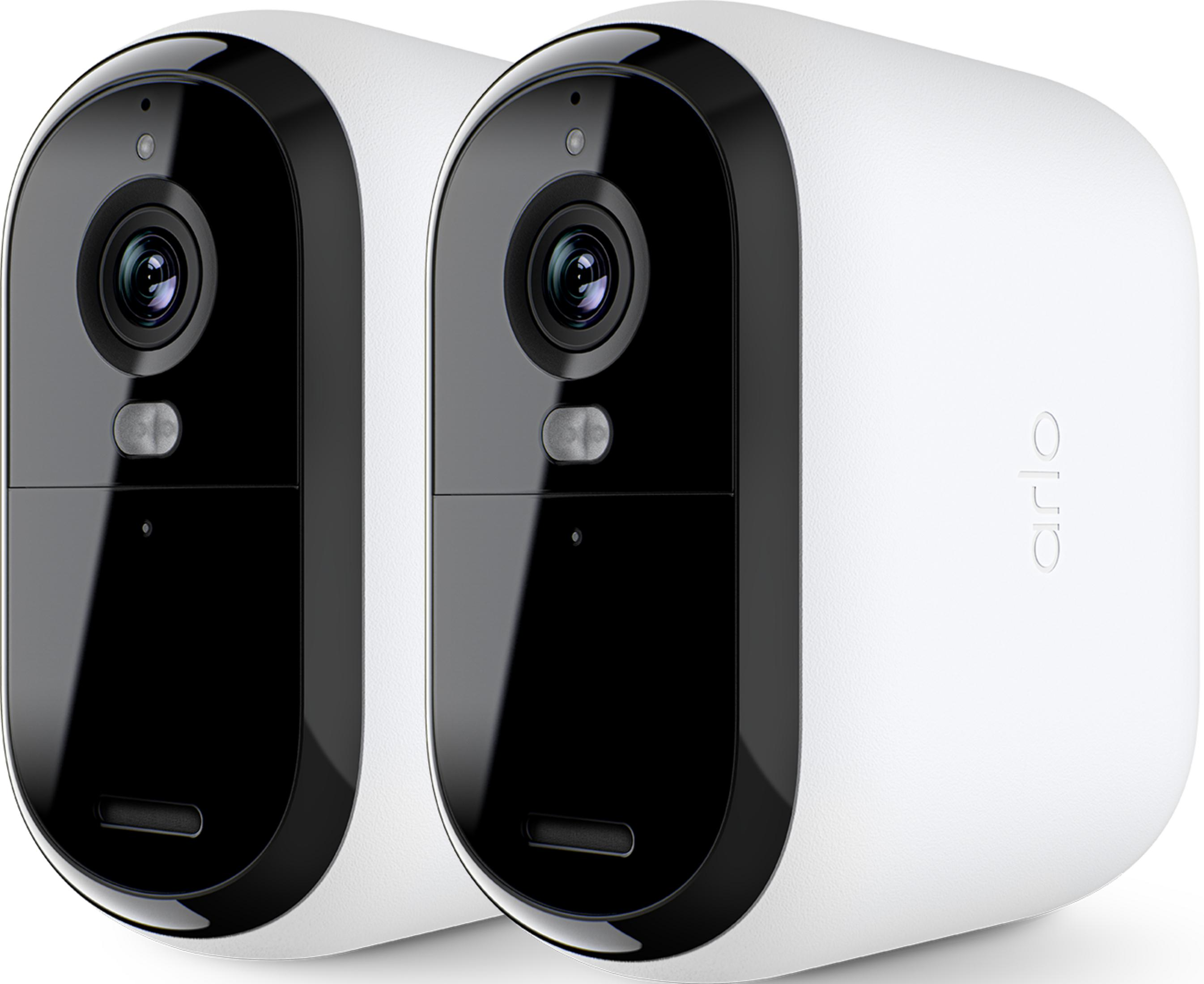 Due telecamere di sicurezza Arlo bianche con pannelli frontali neri e obiettivi sono affiancate.