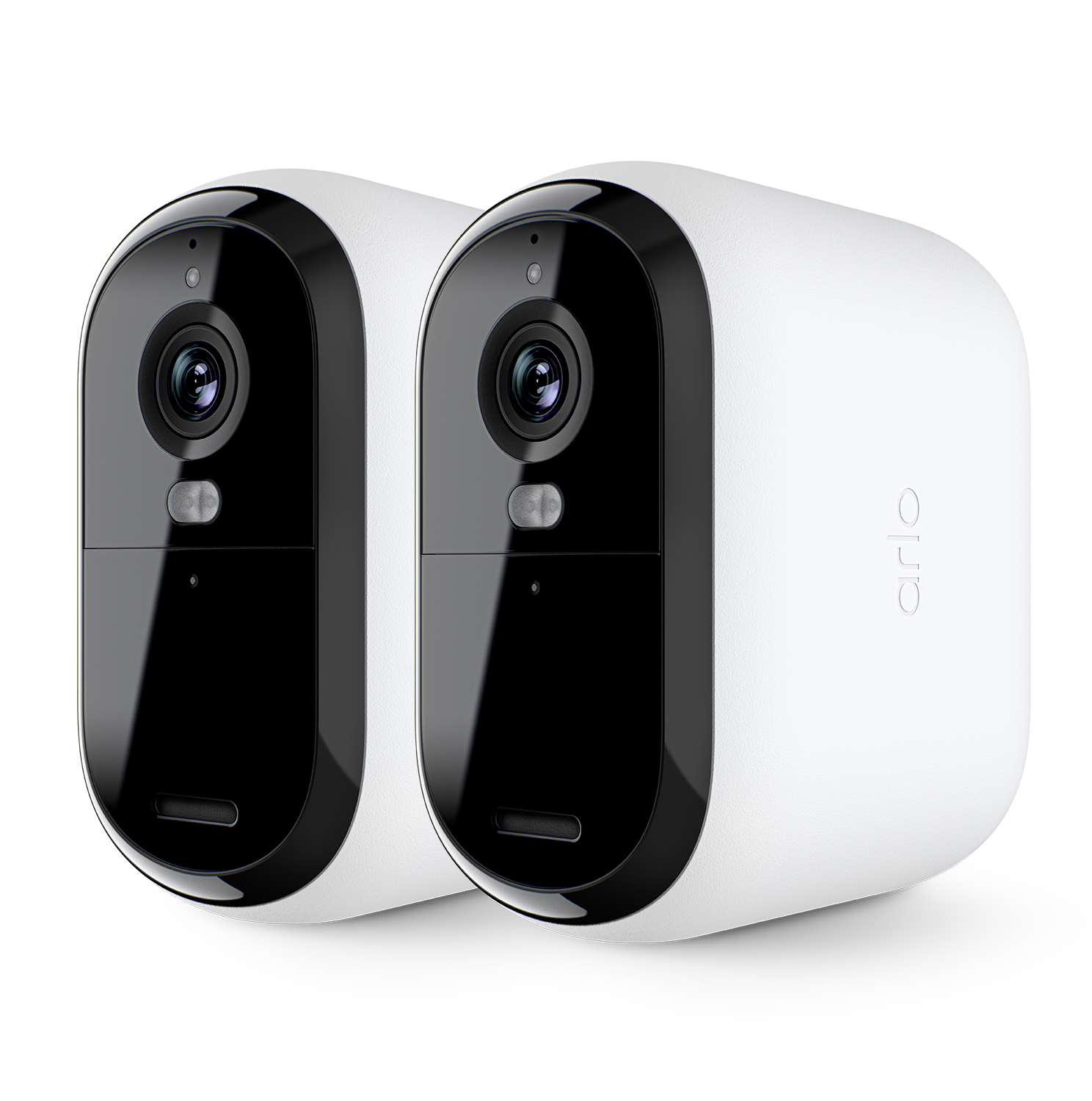 Due telecamere di sicurezza Arlo bianche e nere affiancate su sfondo bianco.