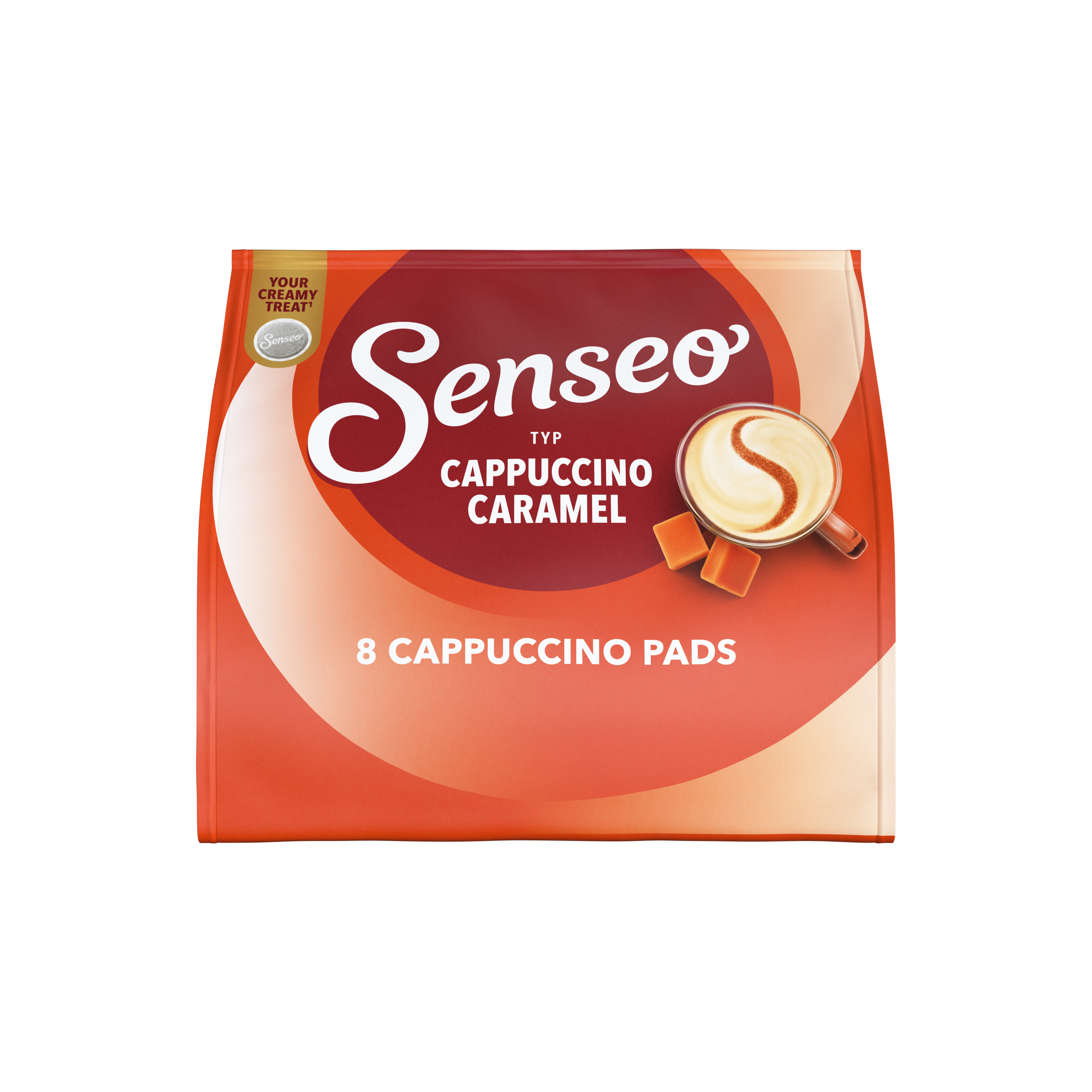 Eine Senseo Cappuccino Caramel Kaffeepadverpackung mit einer Tasse Cappuccino und Karamellstücken auf orangem Grund.