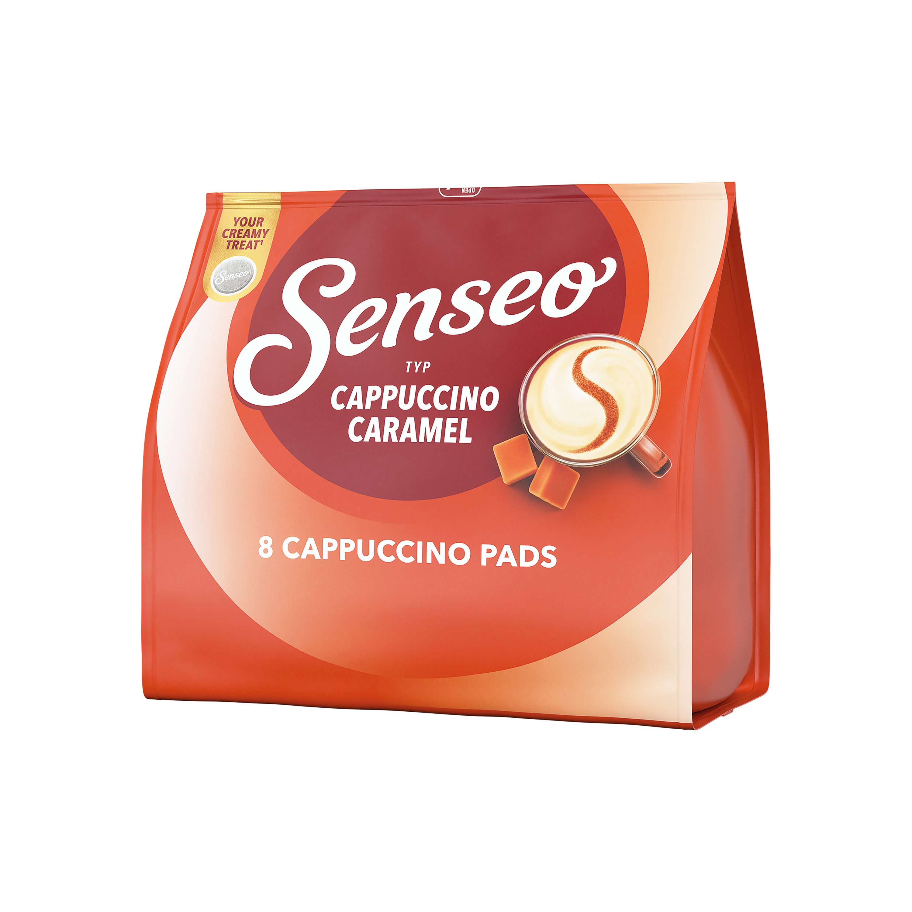 Senseo Cappuccino Caramel 8er-Packung mit Cappuccinotasse und Karamellwürfeln vor rot-weißem Hintergrund.