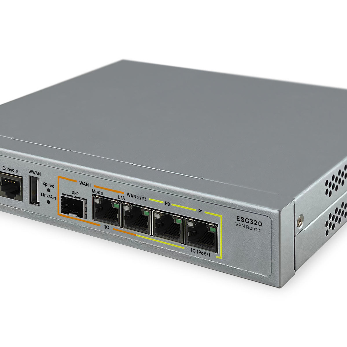 Un router VPN ESG320 grigio con varie porte e connettori sul pannello frontale, isolato su sfondo bianco.