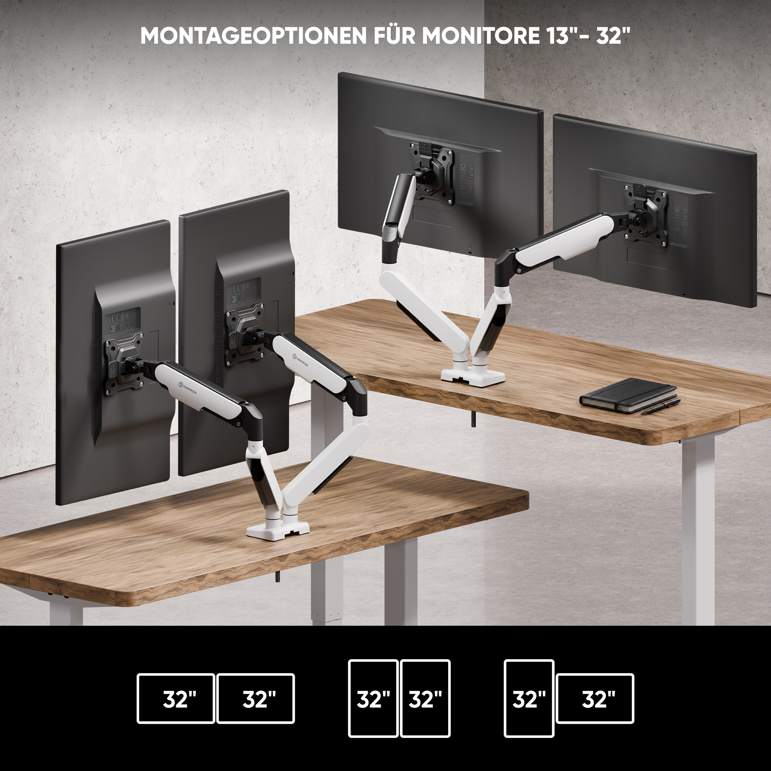 Zwei Schreibtische mit doppelten weißen Monitorarmen, die schwarze Bildschirme halten.