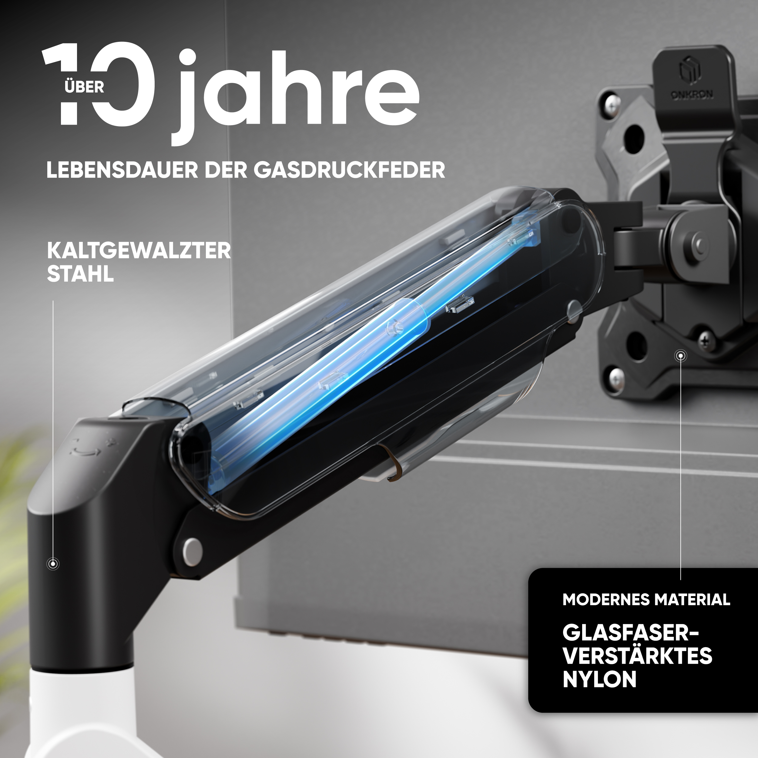 Monitorarm mit Gasdruckfeder und Texten auf Deutsch über Material und Lebensdauer.