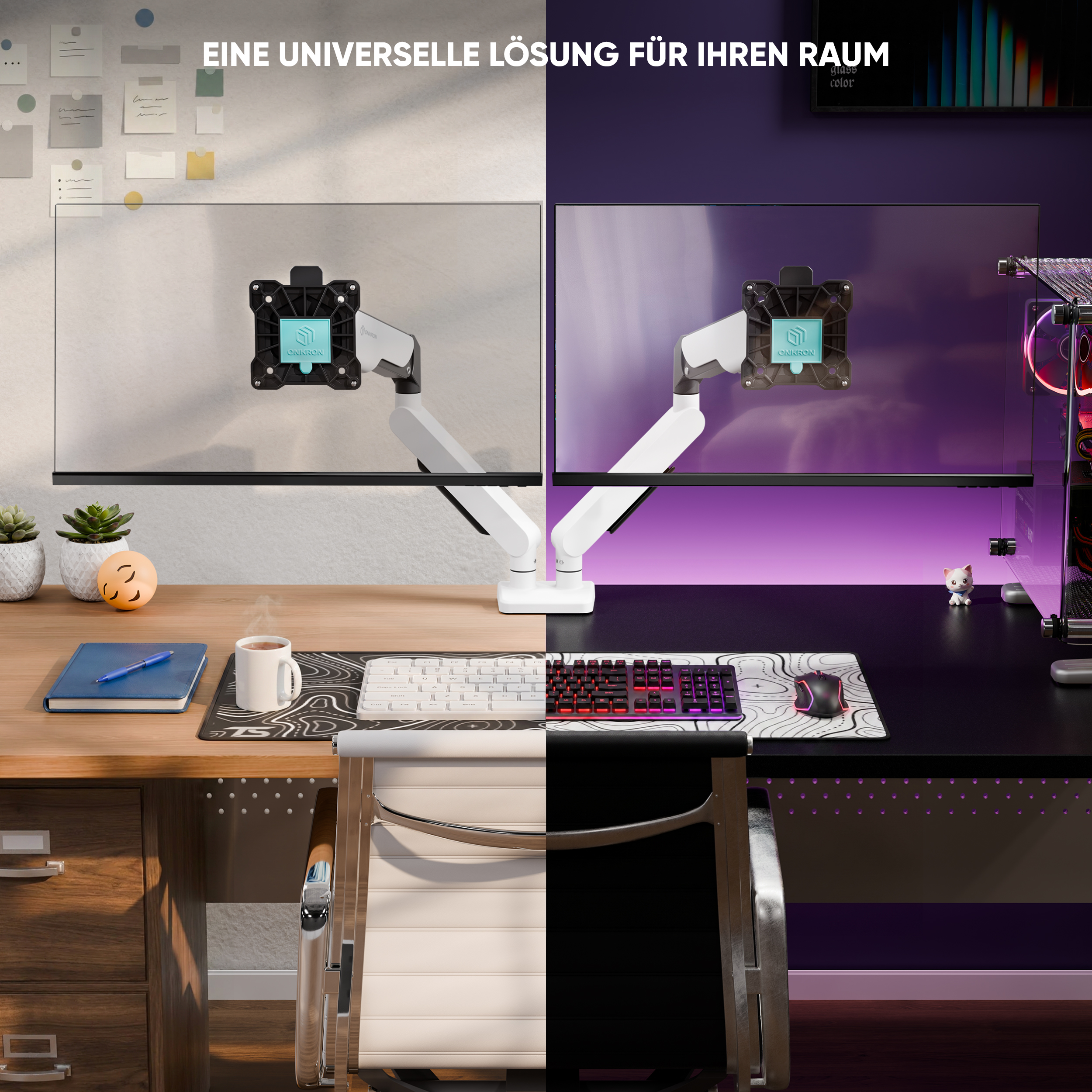 Geteilte Ansicht eines Schreibtisches mit einem Bürobereich links und einem Gaming-Bereich rechts mit Monitorarm.