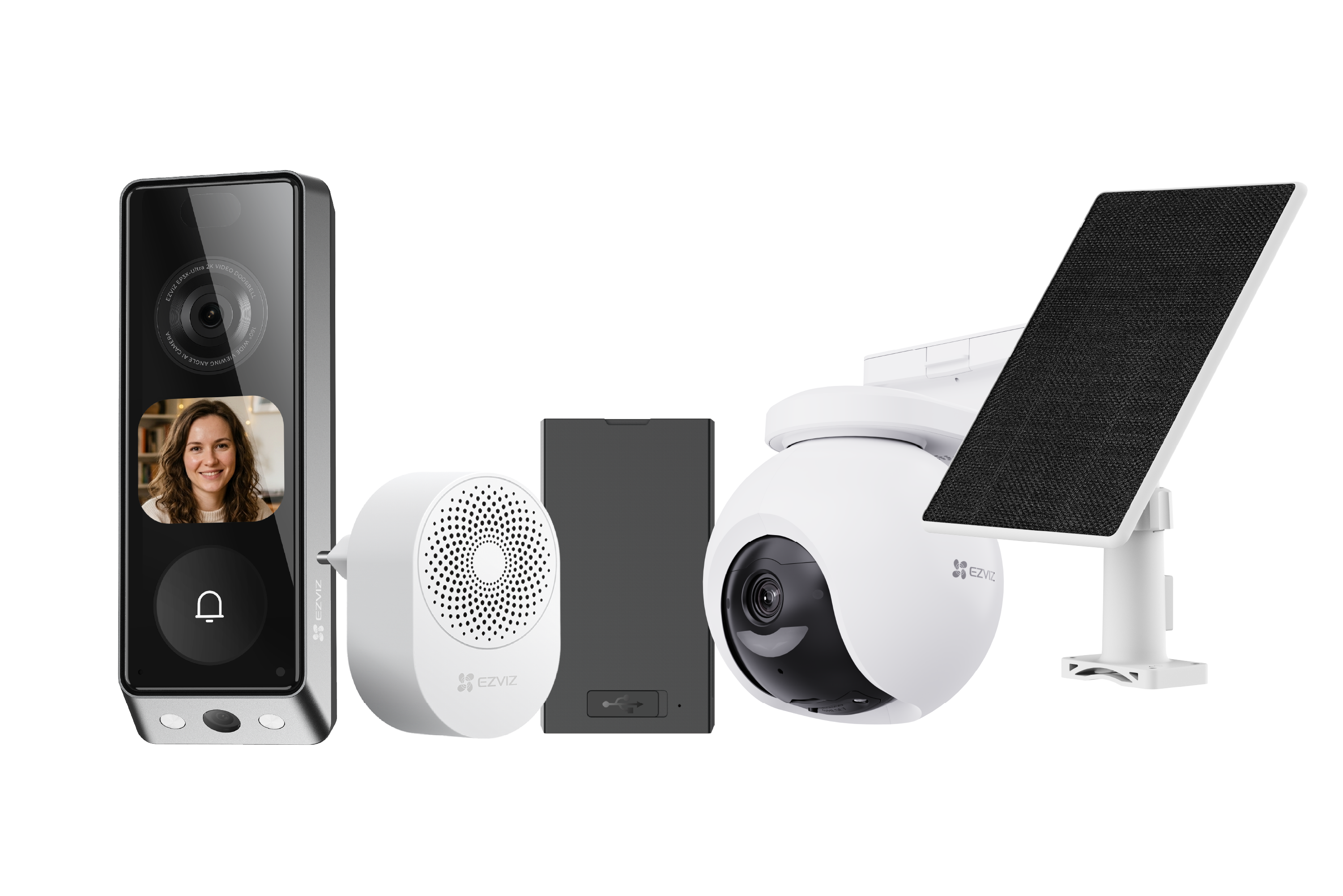 Verschiedene EZVIZ-Sicherheitsgeräte wie eine Videotürklingel, eine Kamera, eine Batterie und ein Solarpanel.