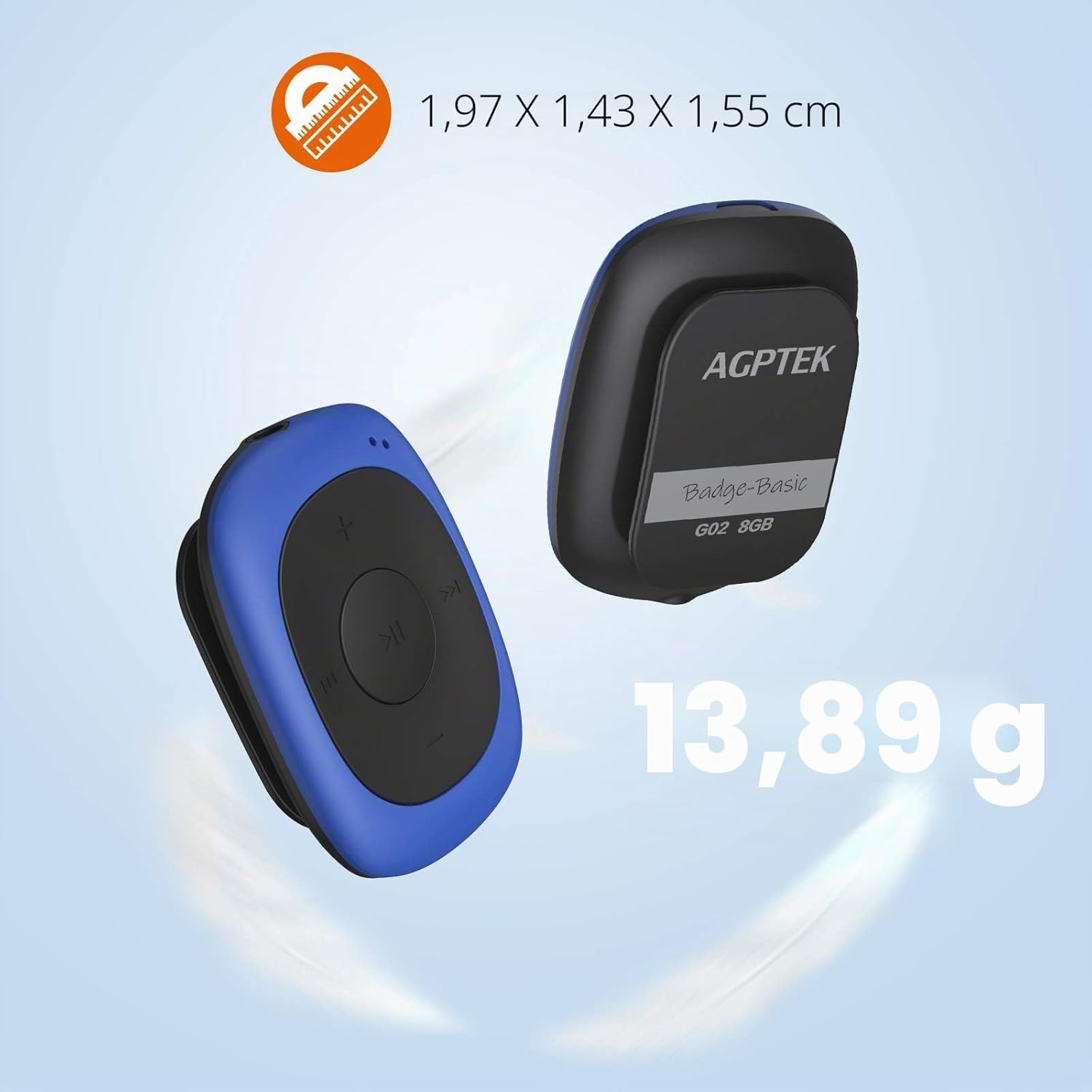 Zwei kleine AGPTEK MP3-Player in Schwarz und Blau mit Größen- und Gewichtsangaben.