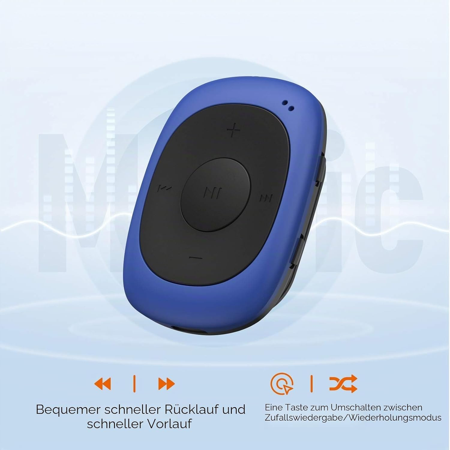 Ein blau-schwarzer tragbarer Musikplayer vor hellem Hintergrund mit deutschen Beschreibungen.
