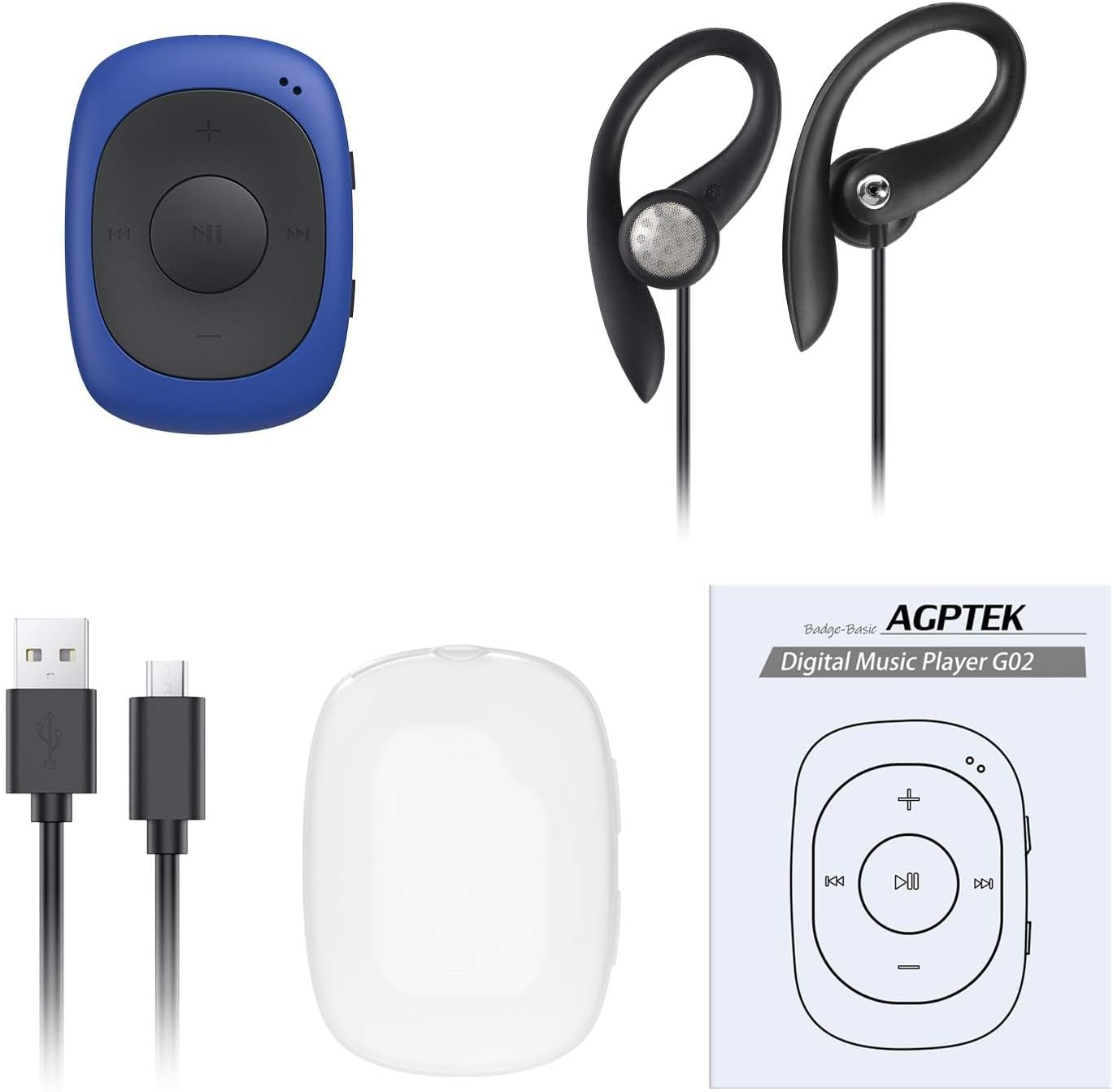 Ein blauer MP3-Player, schwarze Kopfhörer, ein Ladekabel, ein weißes Etui und eine Bedienungsanleitung.