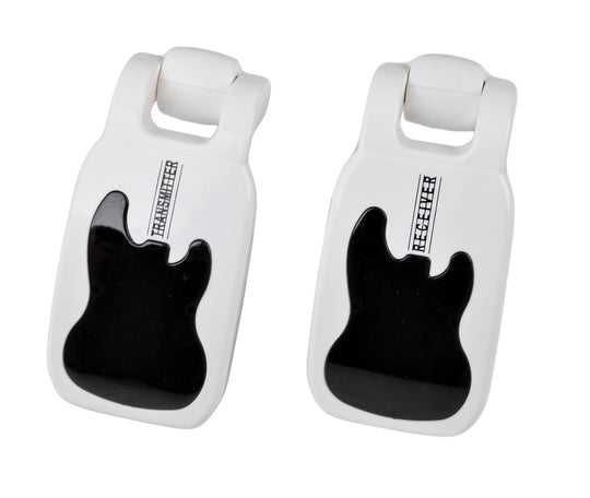 Zwei weiße Sender und Empfänger mit schwarzem E-Gitarren-Motiv auf weißem Hintergrund.