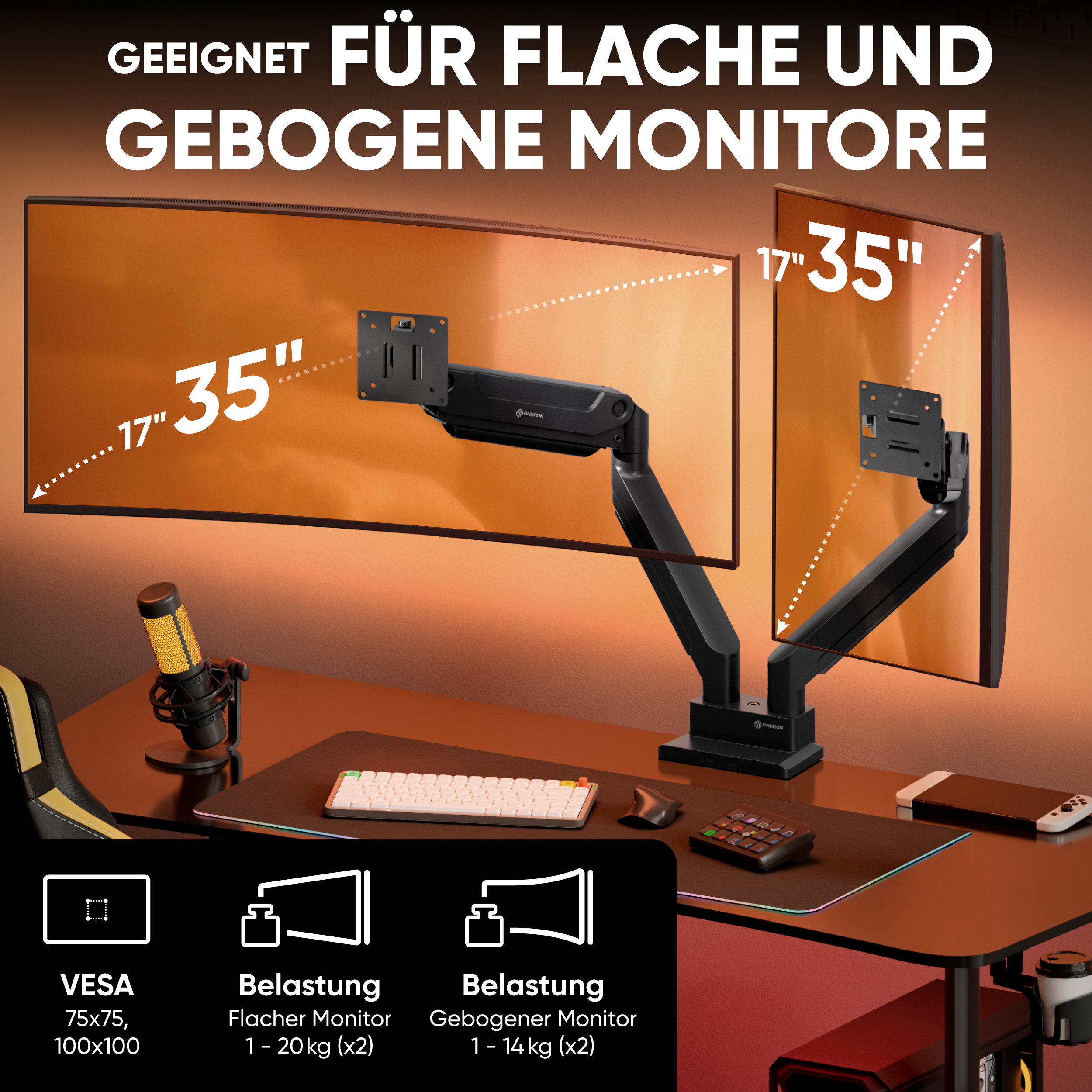 Dual-Monitorarm für flache und gebogene Bildschirme von 17 bis 35 Zoll, auf einem Schreibtisch montiert.