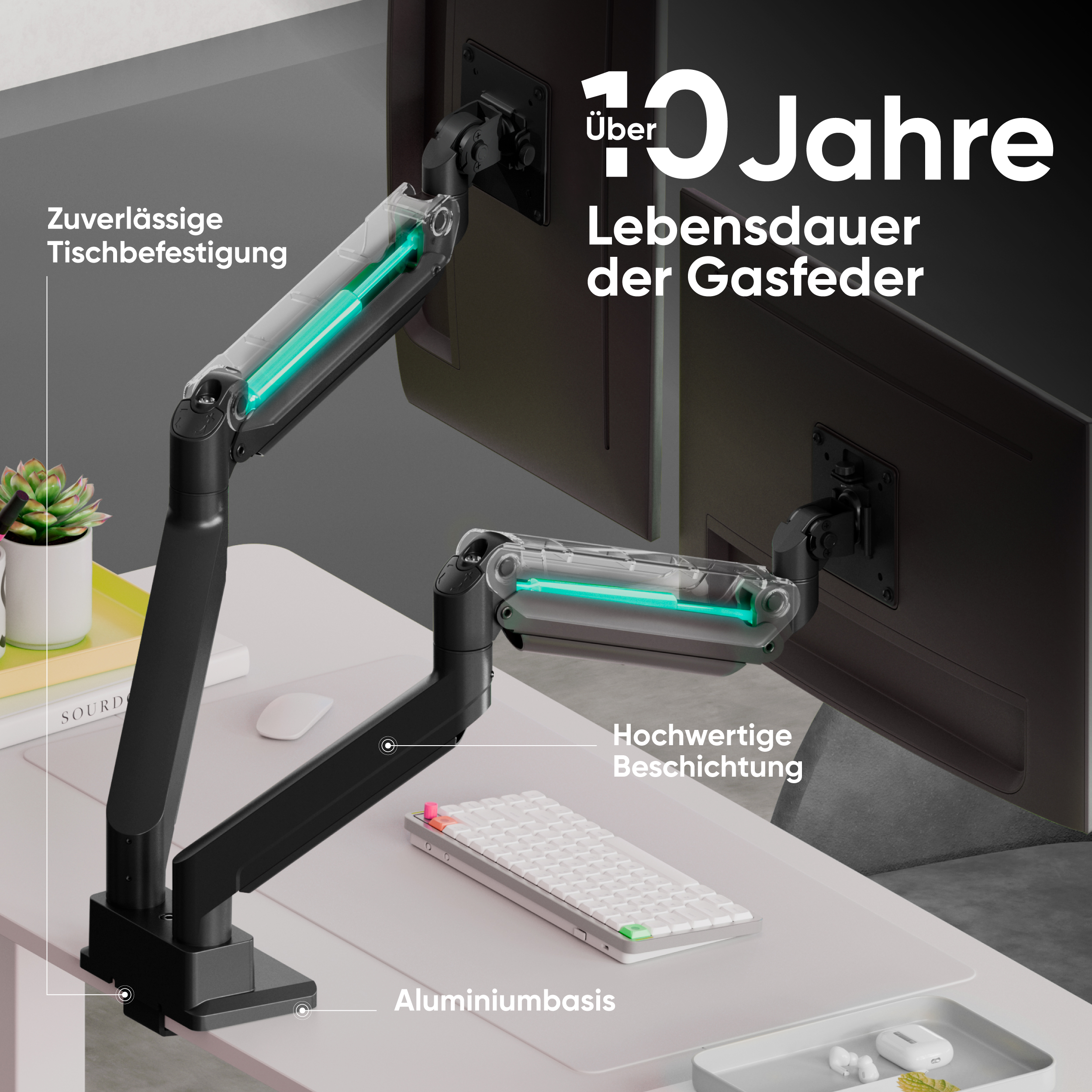 Zwei schwarze Monitorarme mit Gasfeder an einem Schreibtisch mit Tastatur und Textbeschriftungen.