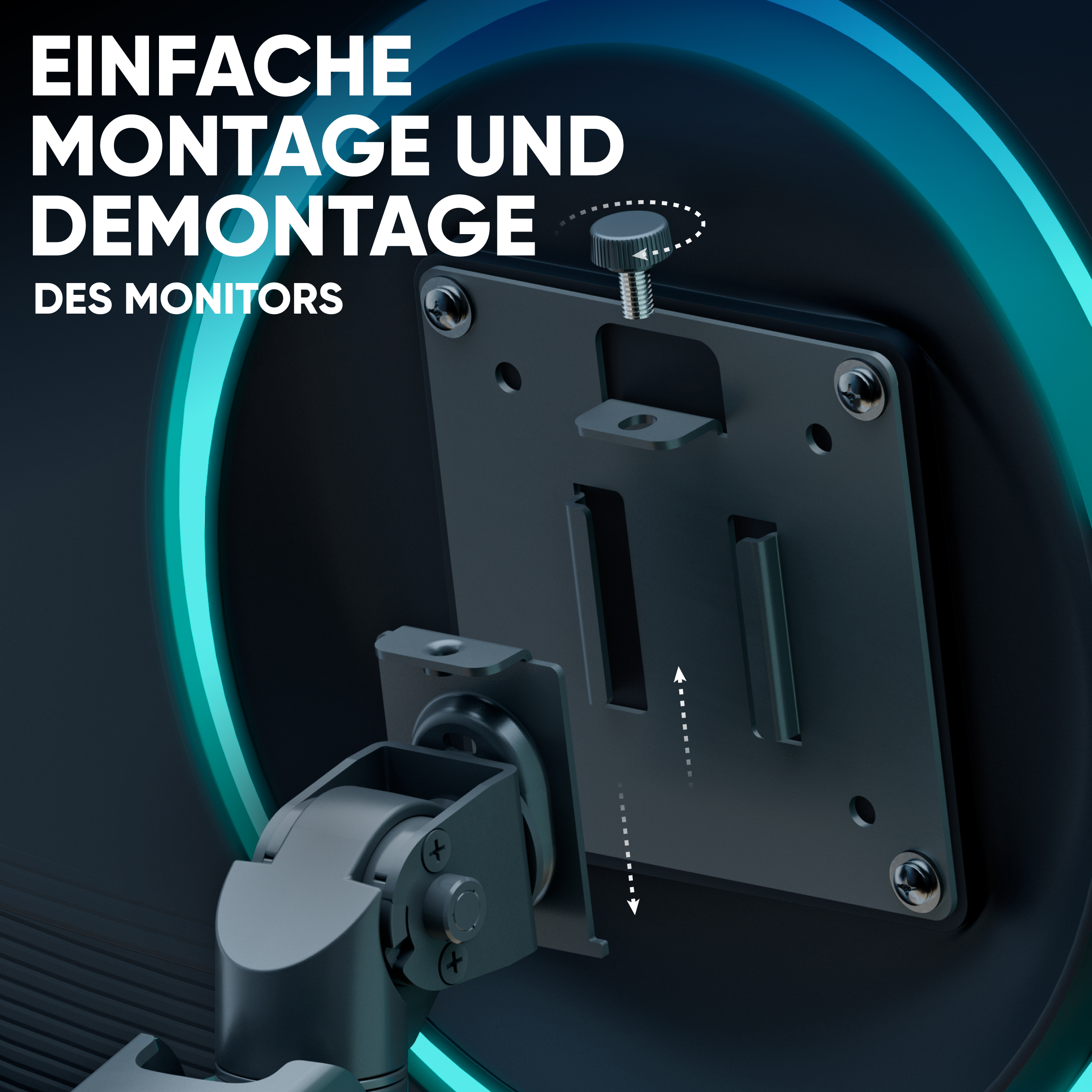 Monitorhalterung mit VESA-Platte, Schraube und Pfeilen zur einfachen Montage gegen dunklen Hintergrund.