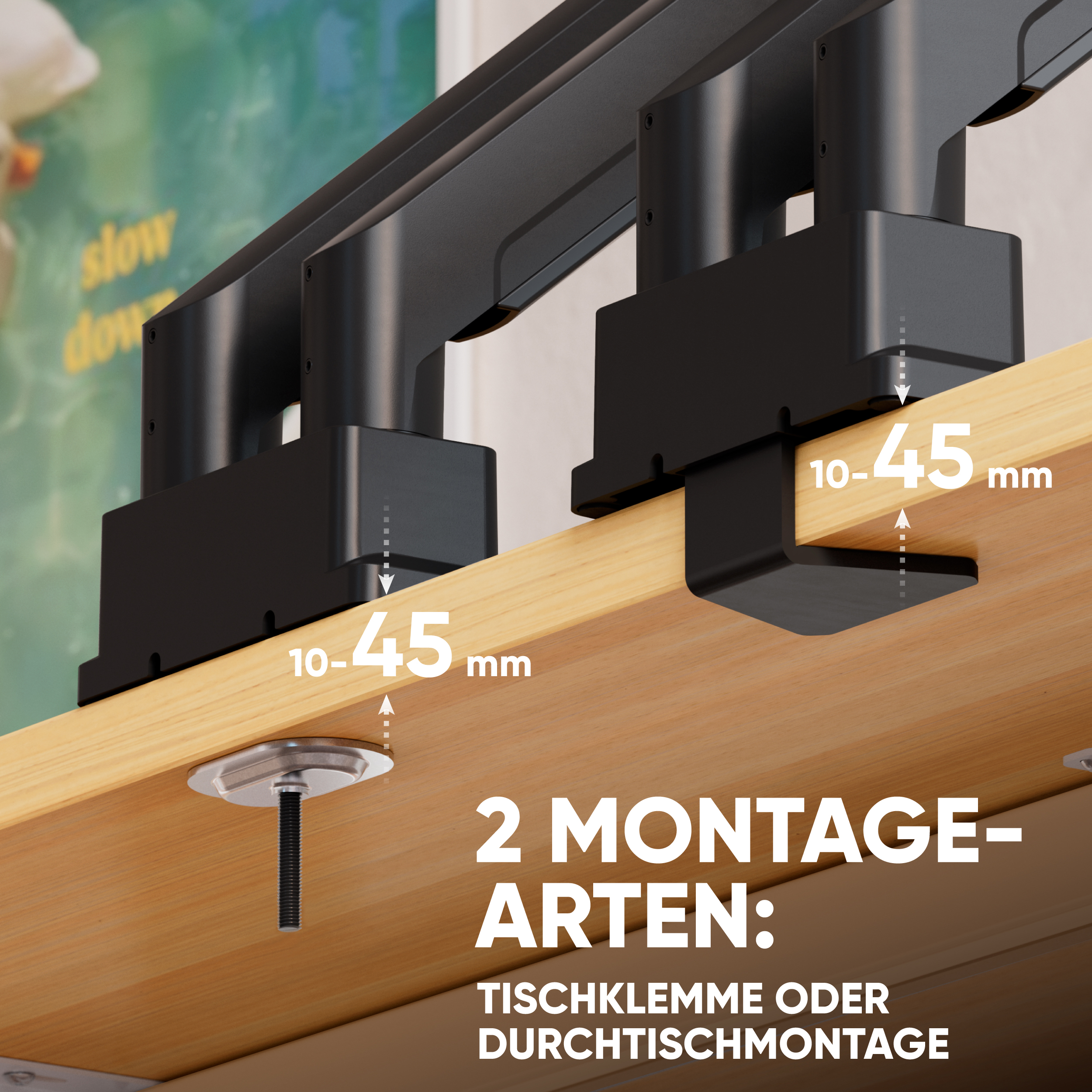 Zwei Montagearten für Monitorhalterungen: Tischklemme und Durchtischmontage für 10-45 mm dicke Tische.