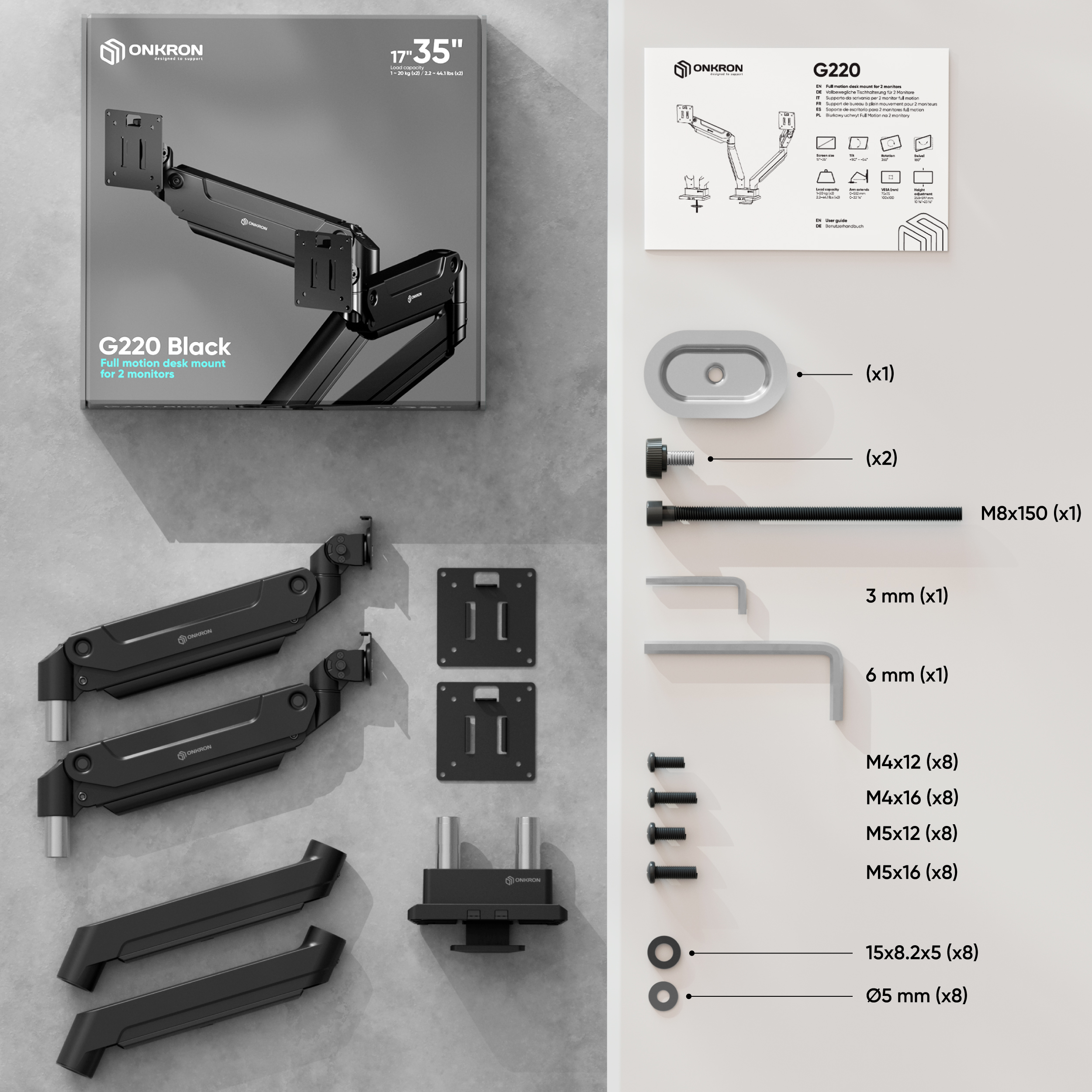 ONKRON G220 Doppel-Monitorhalterung in Verpackung mit allen Teilen und Zubehör auf grauem Hintergrund.