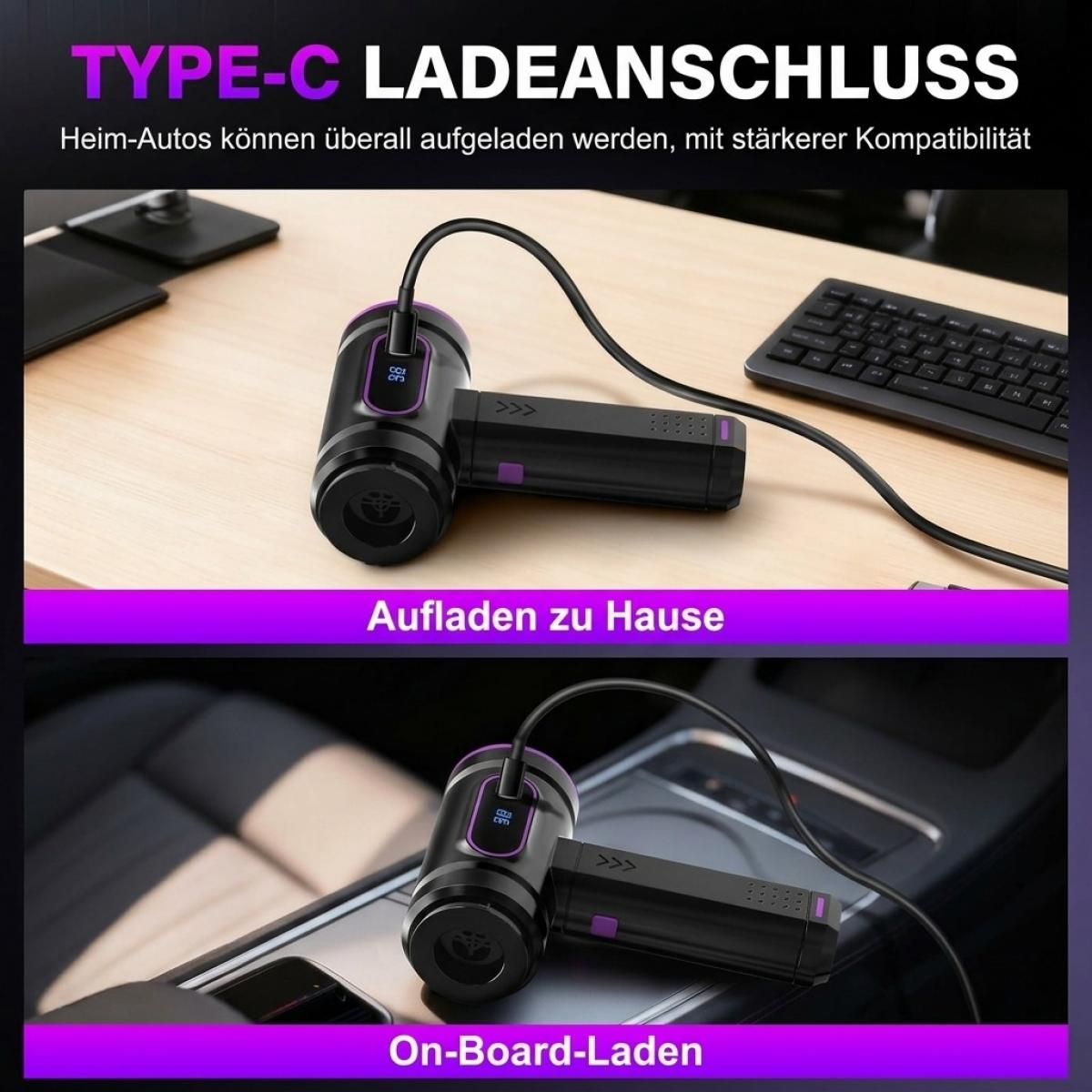 Ein schwarz-lila Handgerät wird über ein Typ-C-Kabel auf einem Tisch und im Auto geladen.