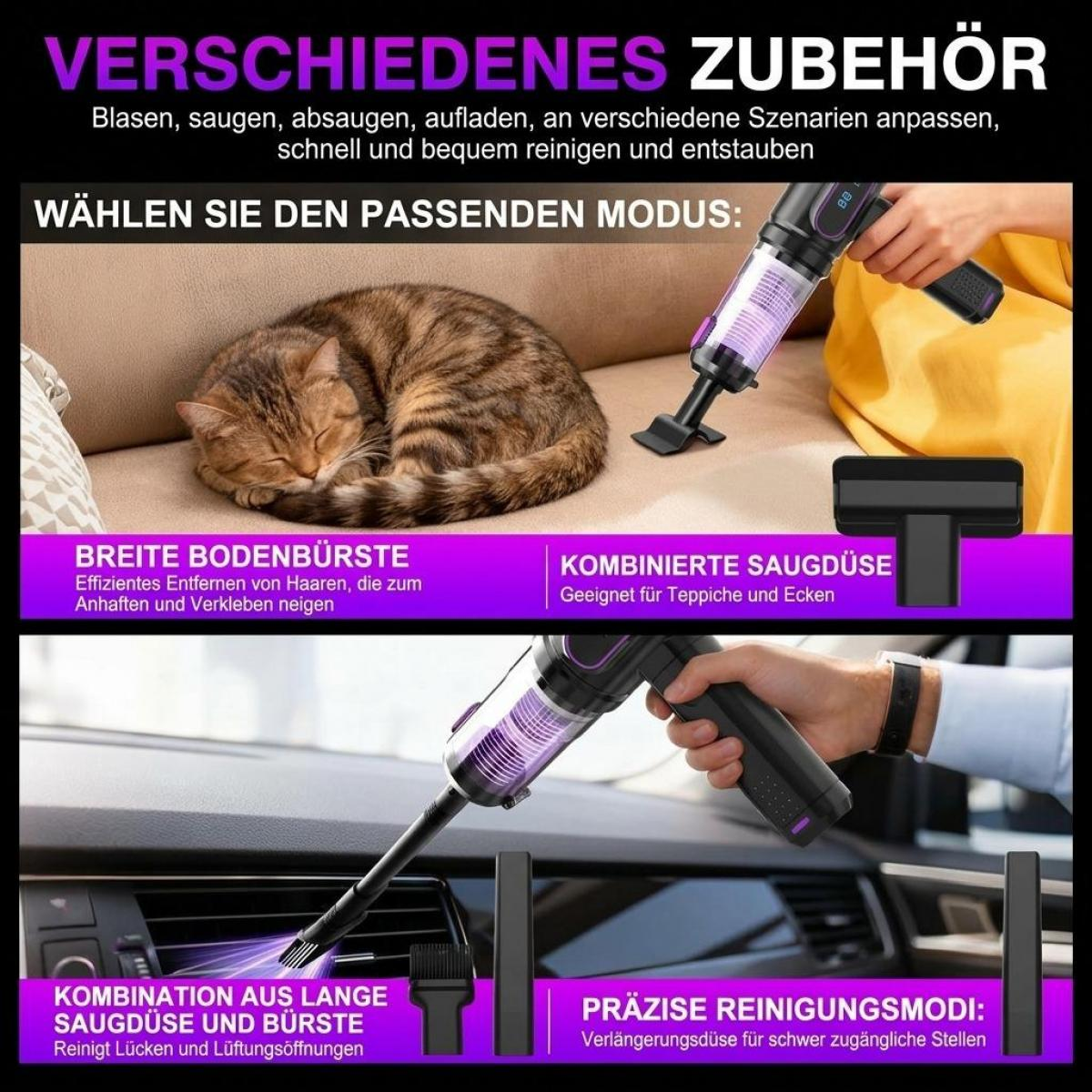 Handstaubsauger mit verschiedenen Aufsätzen beim Reinigen von Sofa mit Katze und Autoinnenraum.