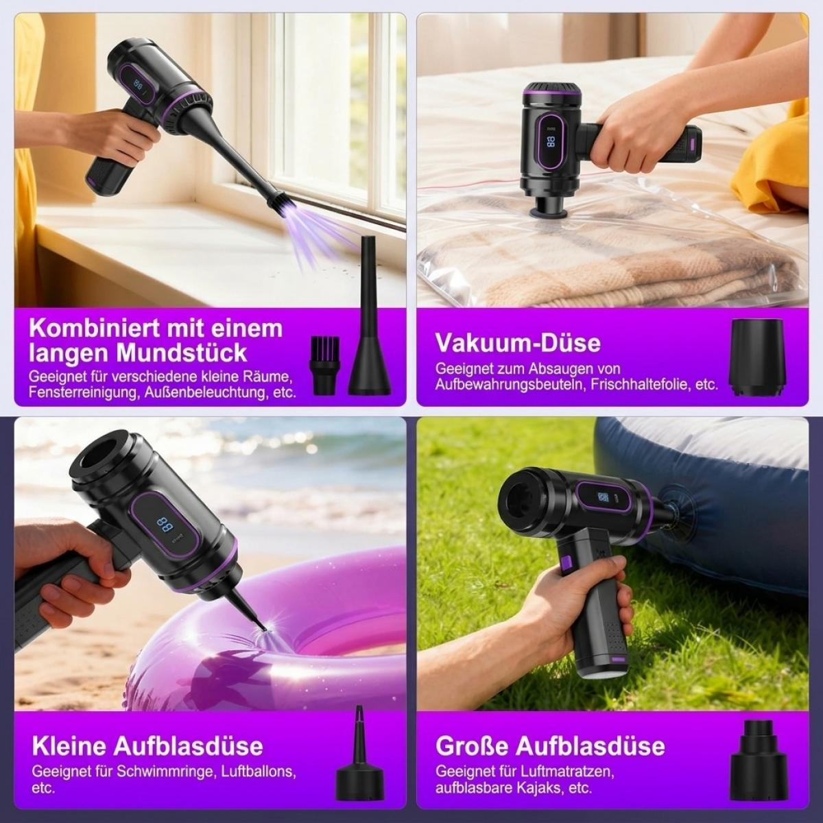 Vier Bilder zeigen den kabellosen Handstaubsauger mit verschiedenen Aufsätzen beim Reinigen, Vakuumieren und Aufblasen.