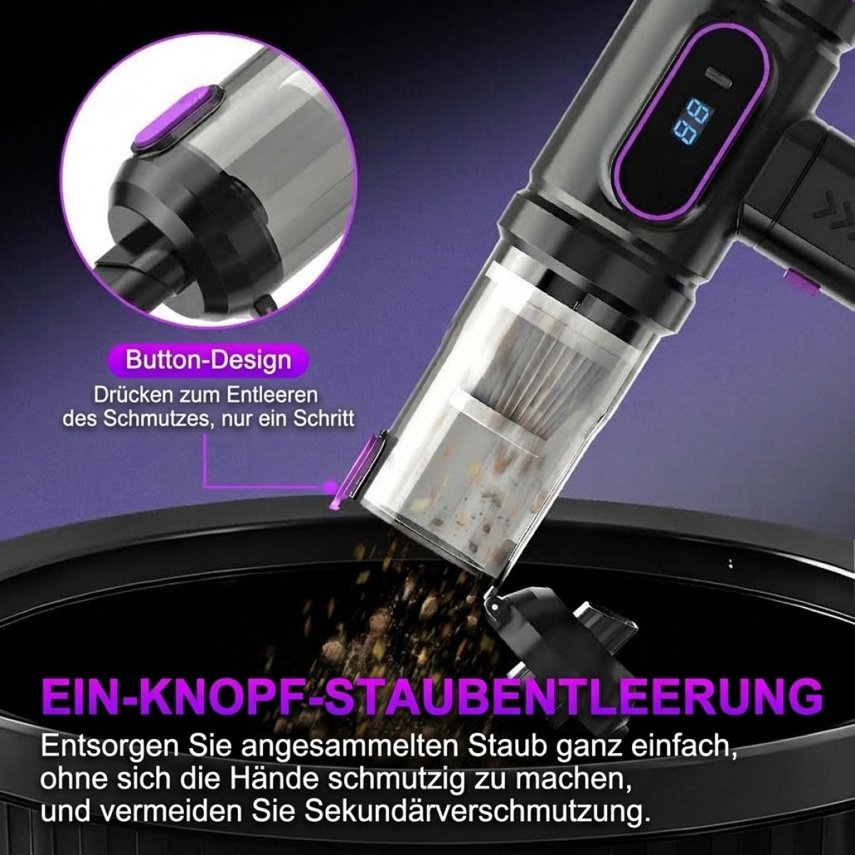Ein grauer Handstaubsauger entleert Schmutz per Knopfdruck in einen Eimer.