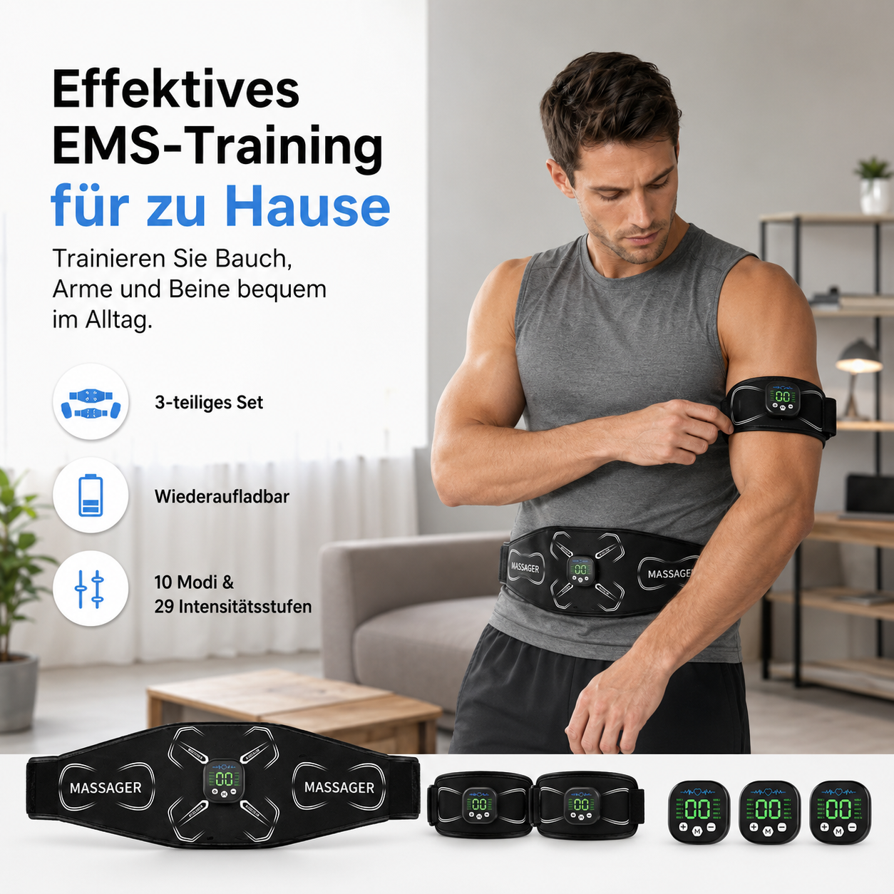 Ein Mann trägt EMS-Gürtel und Armbänder zur Muskelstimulation. Links Text und Symbole.