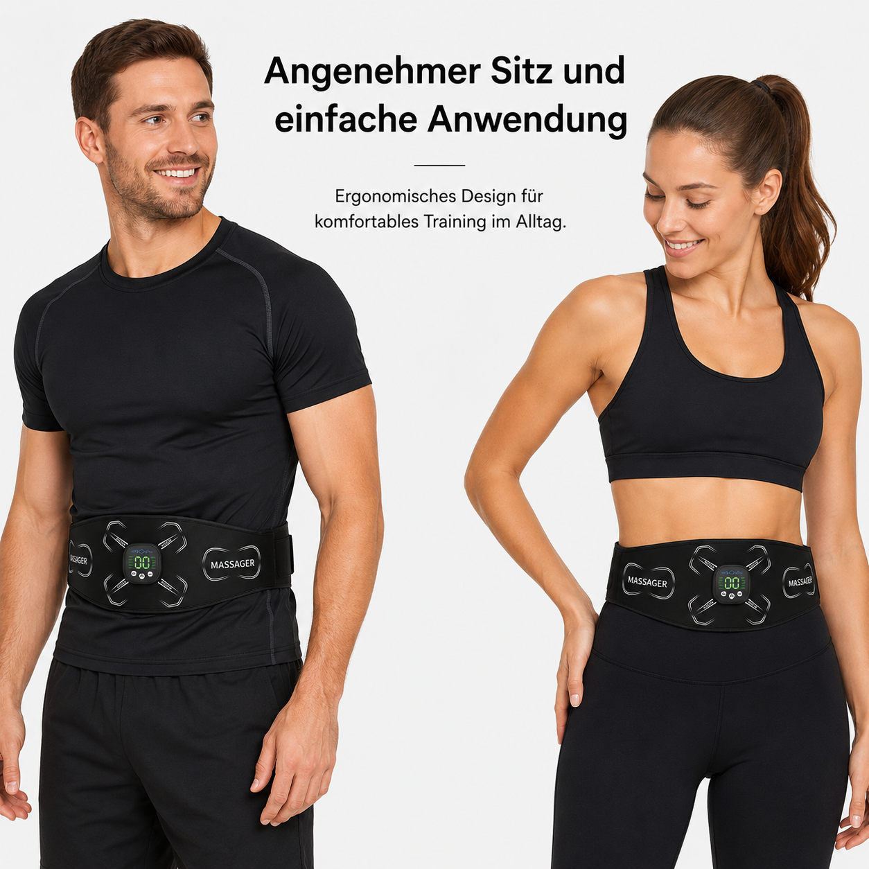 Ein Mann und eine Frau in schwarzer Sportkleidung tragen Massagegürtel um ihre Taillen vor einem weißen Hintergrund.