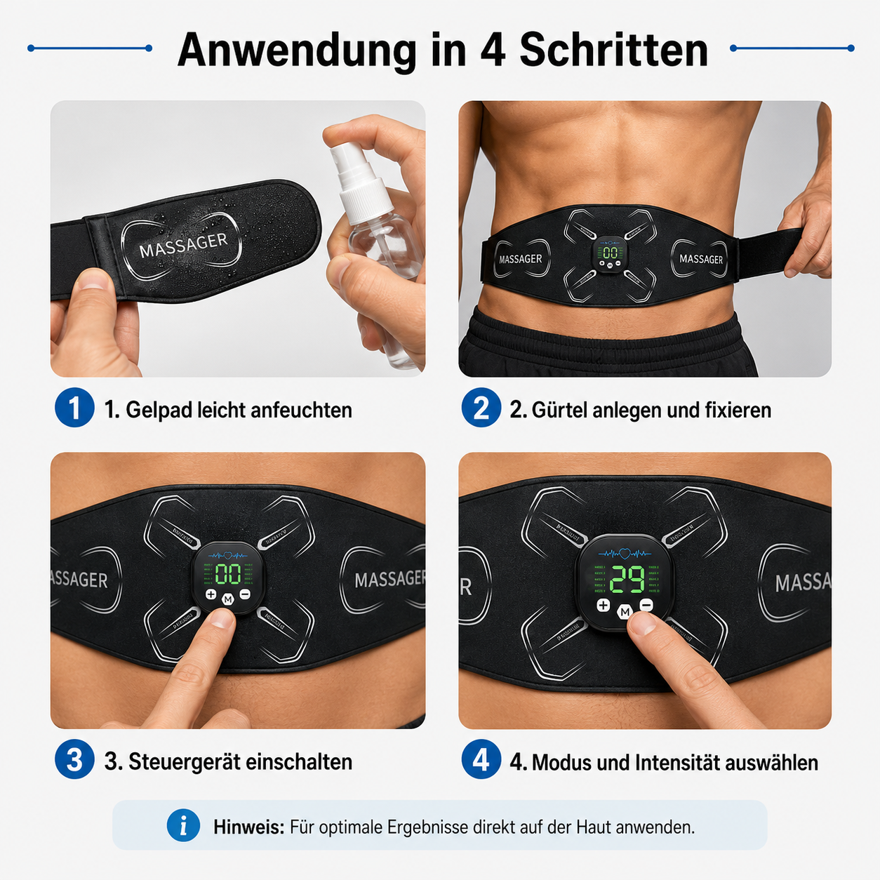 Vier Schritte zur Anwendung eines Bauchmuskelgurts mit Sprühflasche und digitalem Display.