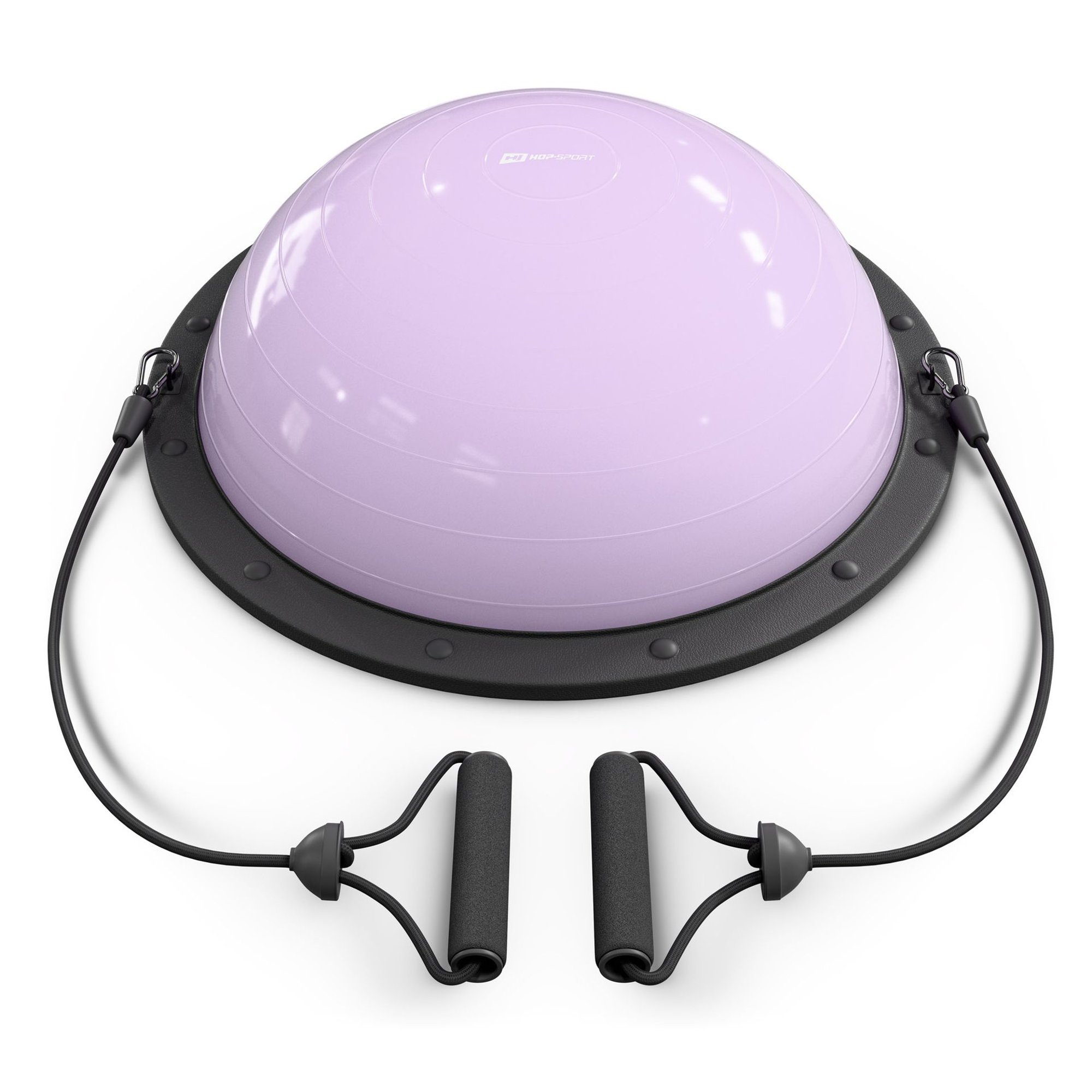 Ein hellvioletter Balancetrainer mit schwarzer Basis und befestigten Widerstandsbändern mit Griffen auf weißem Grund.