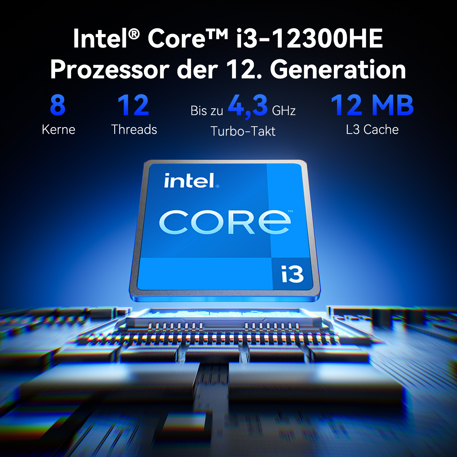 Procesador Intel Core i3-12300HE con especificaciones y gráfico de CPU.