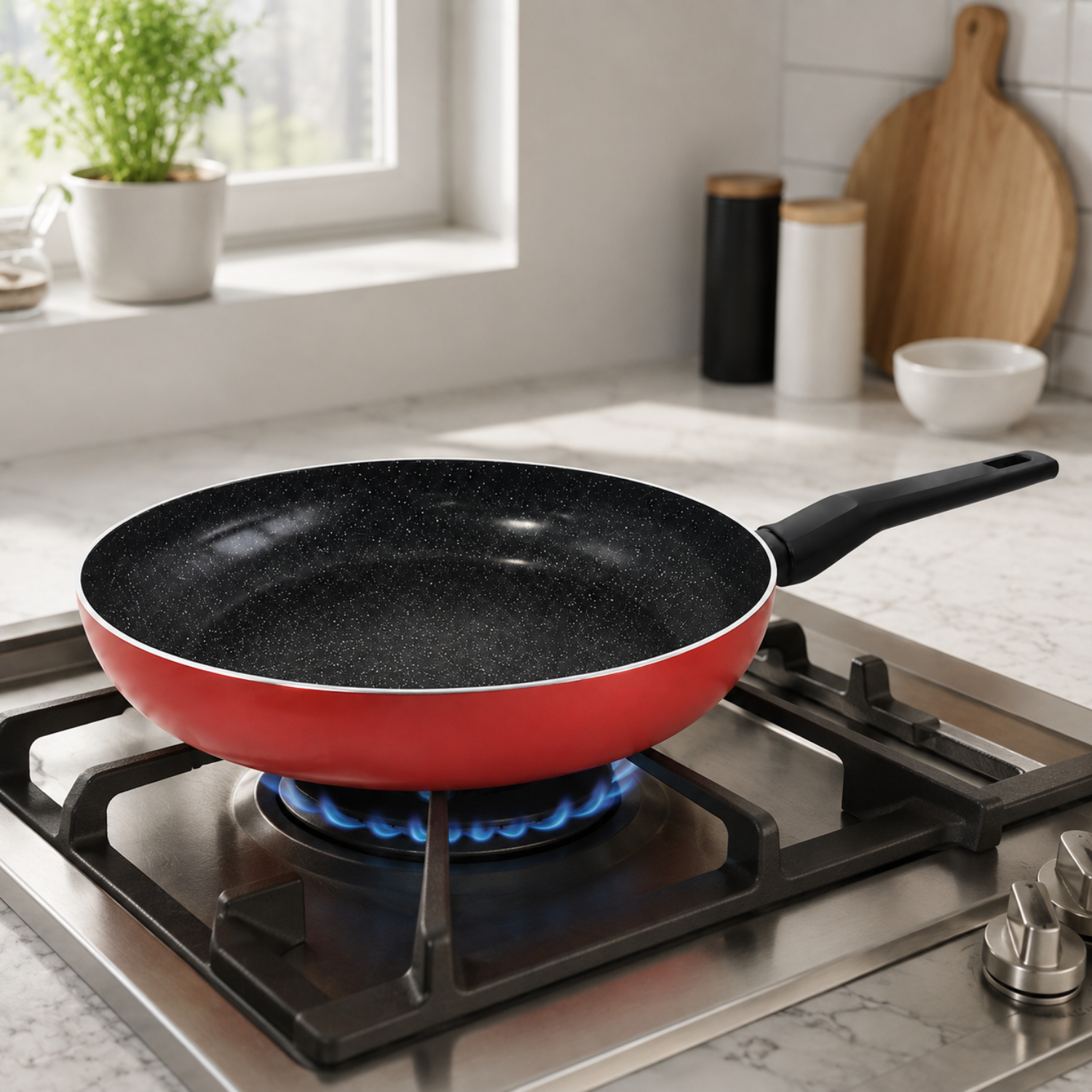 Una padella rossa con interno nero maculato su un piano cottura a gas in una cucina luminosa.