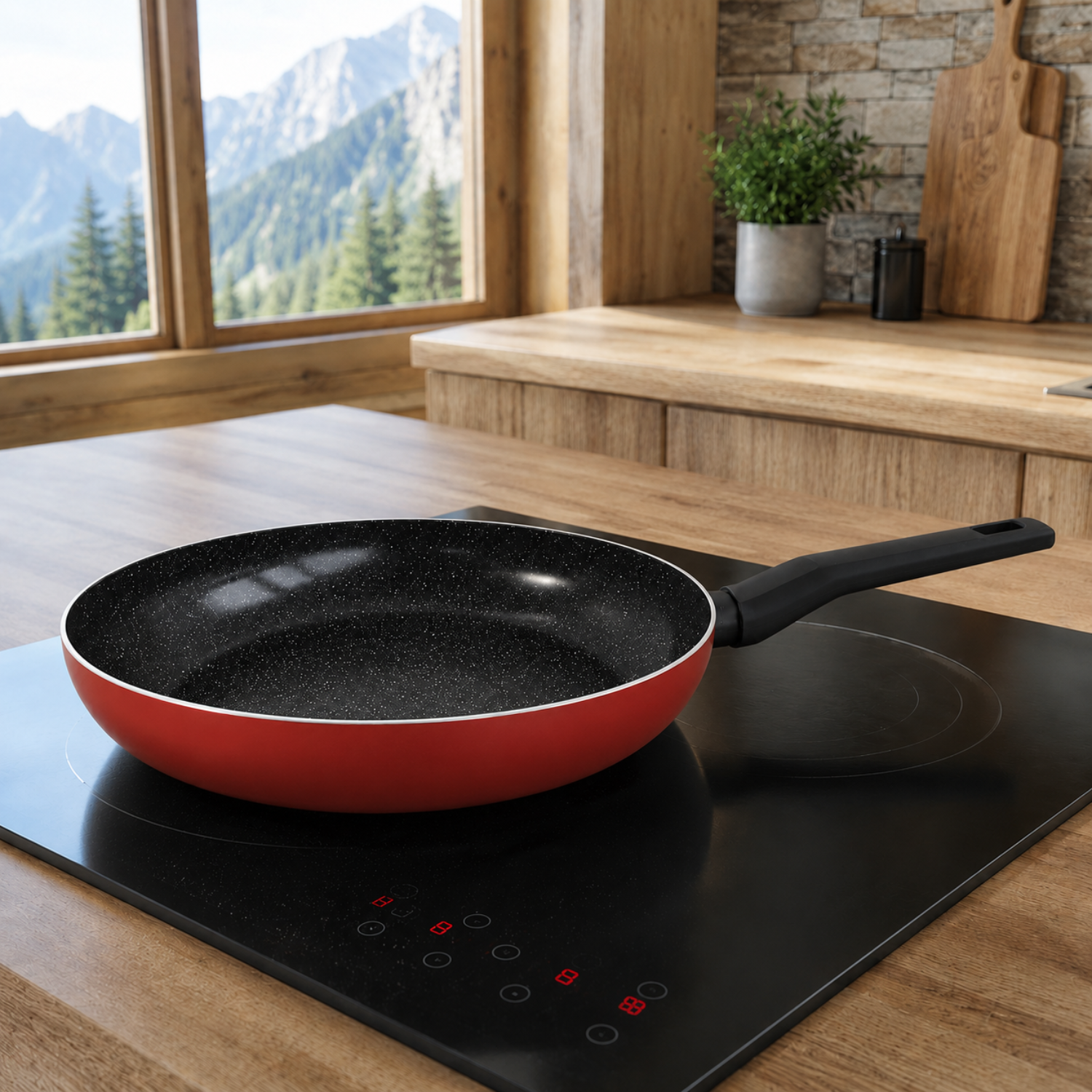 Una padella rossa con manico nero su un piano cottura in una cucina in legno con vista montagna.