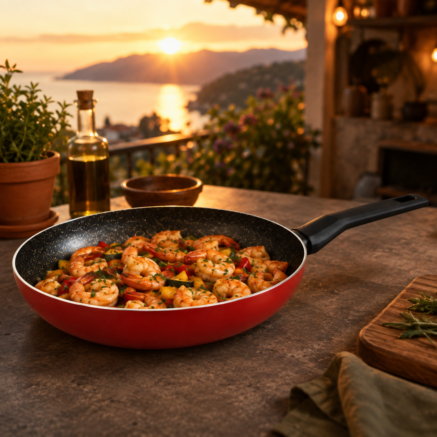 Una padella rossa con gamberi e verdure su un tavolo in pietra con tramonto sul mare.