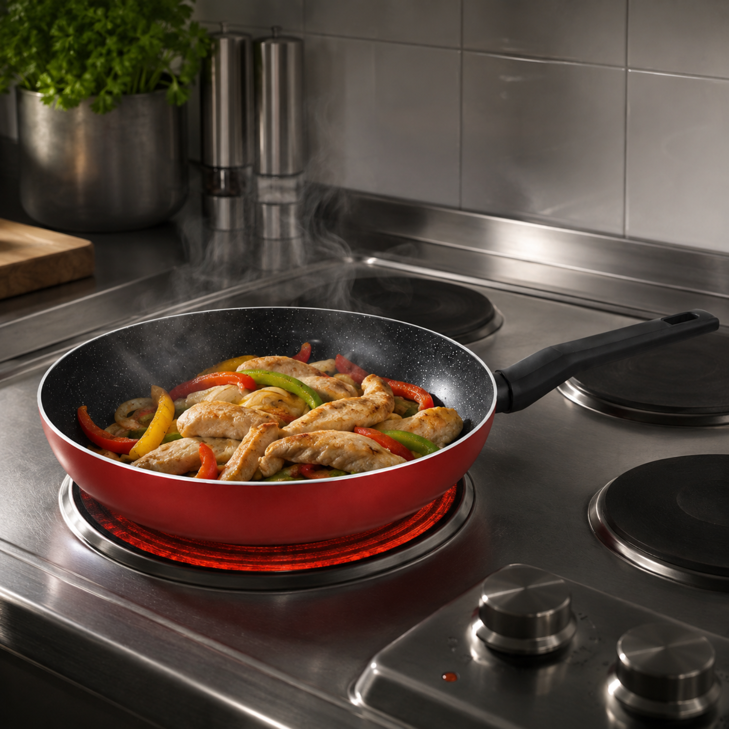 Una padella rossa con pollo e peperoni in cottura su un fornello caldo con vapore che sale.